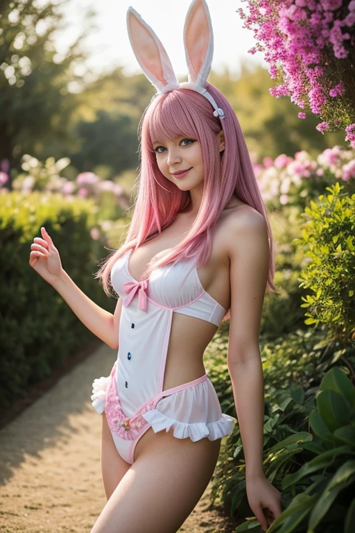 beautifully colored eyes and a playful smile. The girl is wearing a cute and revealing bunny outfit with pink hair that flows down to her waist. The lighting is meticulously crafted to showcase the girl's features and create a soft and ethereal atmosphere. The image is ultra-realistic, with every strand of hair and every delicate contour of the girl's body captured with precision. The overall art style is inspired by anime, with vibrant colors and a touch of fantasy. The scene is set in a whimsical garden, with blooming flowers and a gentle breeze that adds movement to the girl's hair and outfit.