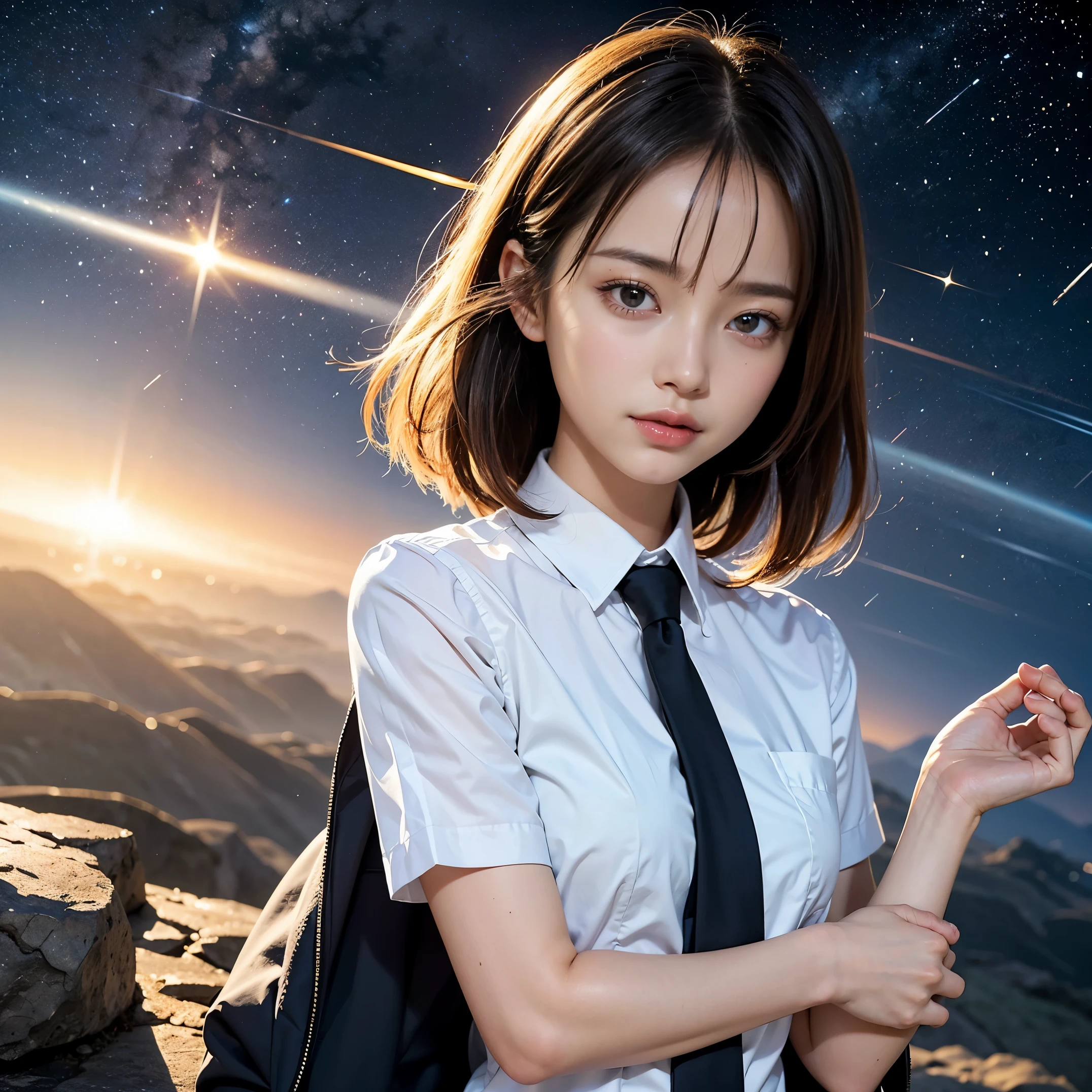 (masutepiece, Best Quality:1.2), 8K, Official art, Surprised expression、put one's hand over one's mouth、Wearing a suit、Gesture of removing tie、You can see the chest、Rough image of a girl in uniform holding a globe, official artwork, portrait anime space cadet girl, with earth, girl in space, Space High School, Space Girl, planetes, Trending on CGSTATION, 太陽系外planetes, Official art, Mar Planet, beautiful anime high school girl, sakimichan, planetesの隣に浮かぶ, in intergalactic japan、Five Fingers Photos&#39;Body of, full body Esbian、Suit Beauty、Big Dipper in the background、star explosion、A dark-hairedの美しい裸足の女性, hold a flame in your right hand、tie a tie with your right hand、Turn your face up、looking-down、cool expression、明るい溶岩の光が小planetes帯の下から壊れた地球の上に昇る(Jagged rock rocks and fragments shot into the air:1.3) (Storm of windy dust debris:1.1) Volume fogmist by trace Z、It can allow bright light from below to pass through、 (​masterpiece) (top-quality) (detaileds) (8K) (电影灯光) (foco nítido) (Convoluted)A dark-haired、years、small tits、A delightful、A smile、unbelievable Ridiculous, (a beauty girl, Pretty Face, arching back down, Gold hair ornament on hair、wearing a suits、close up, Wearing a suit, Short sleeve, gardenia, violaceaess, spaces , Looking at Viewer, Film grain, chromatic abberation, オッパイfoco nítido, face lights, Dynamic lighting, Cinematic lighting, detailedsな目と顔, (Gray tie、1 copy:1.2)