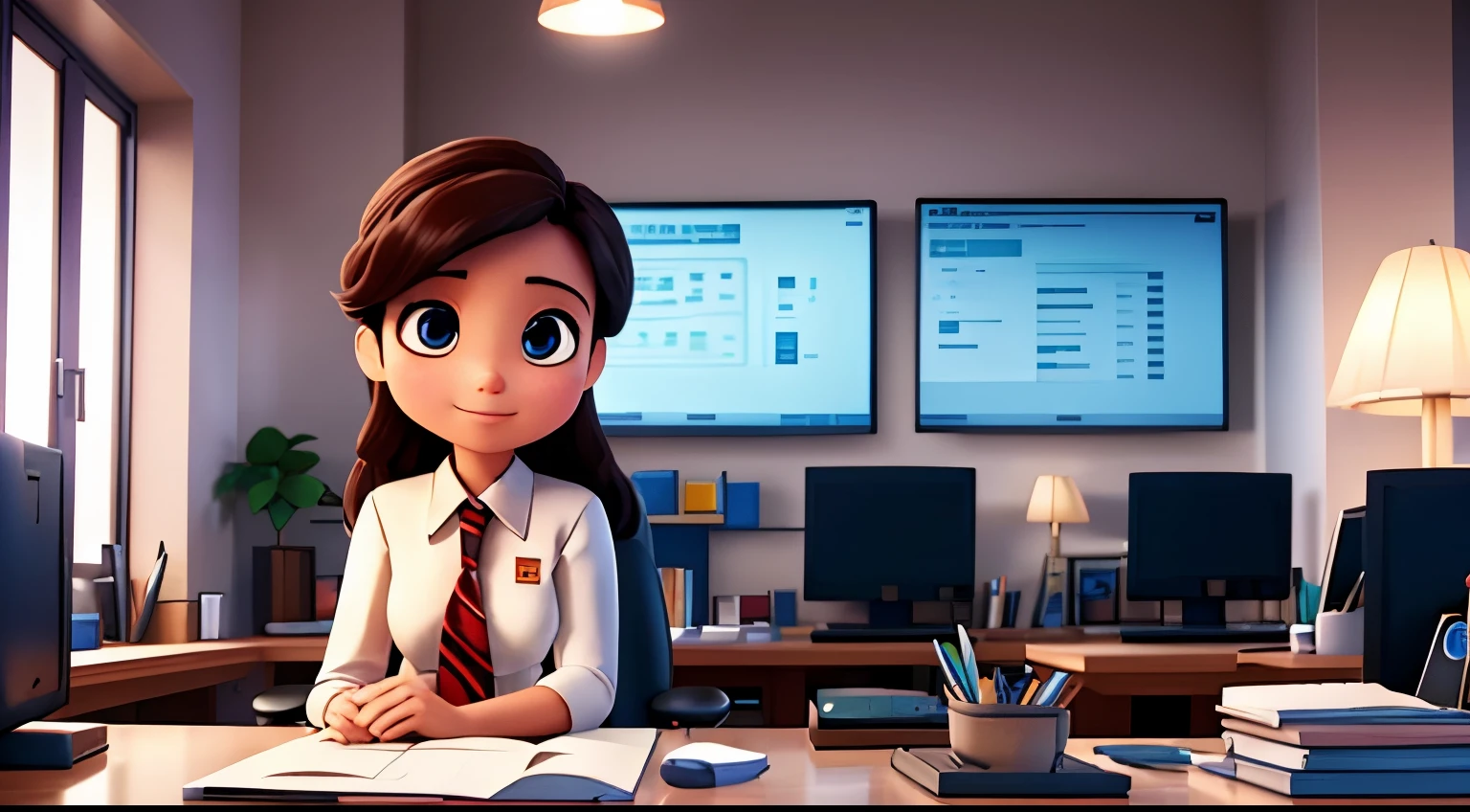 Modern office,Computer desk,screens,open office,Work area,(working in front of computer),(受到皮克斯和Disney的启发),(vivd colour),(gentlesoftlighting) #pixar-style #slice #Disney