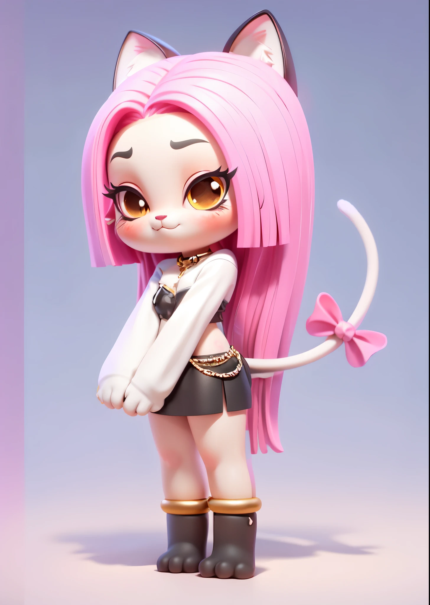1girl, animal ears, bell, blue background, cat, cat ears, cat girl, cat tail, furry, furry female, gradient background, pink hair, solo, tail, tail bell, tail bow, tail ornament, tail ribbon, yellow eyes,gray tattoo,black short skirt,Thin gold chain accessories,Anime character, cute, chibi, perfect lighting,best quality, original, extremely detailed, (extremely detailed: 1.2), style 3d hair, blender, octane render, popular toys, blind box toys