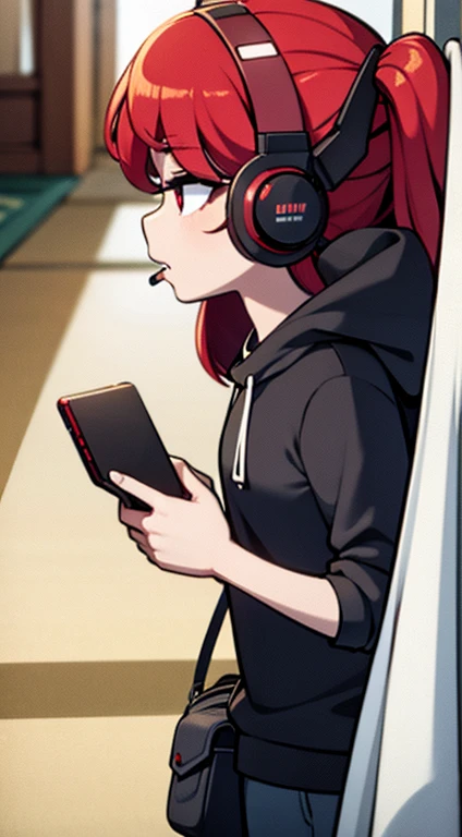 A red haired female gamer with red eyes is playing on her computer while eating a pocky stick with rabbit headphones.