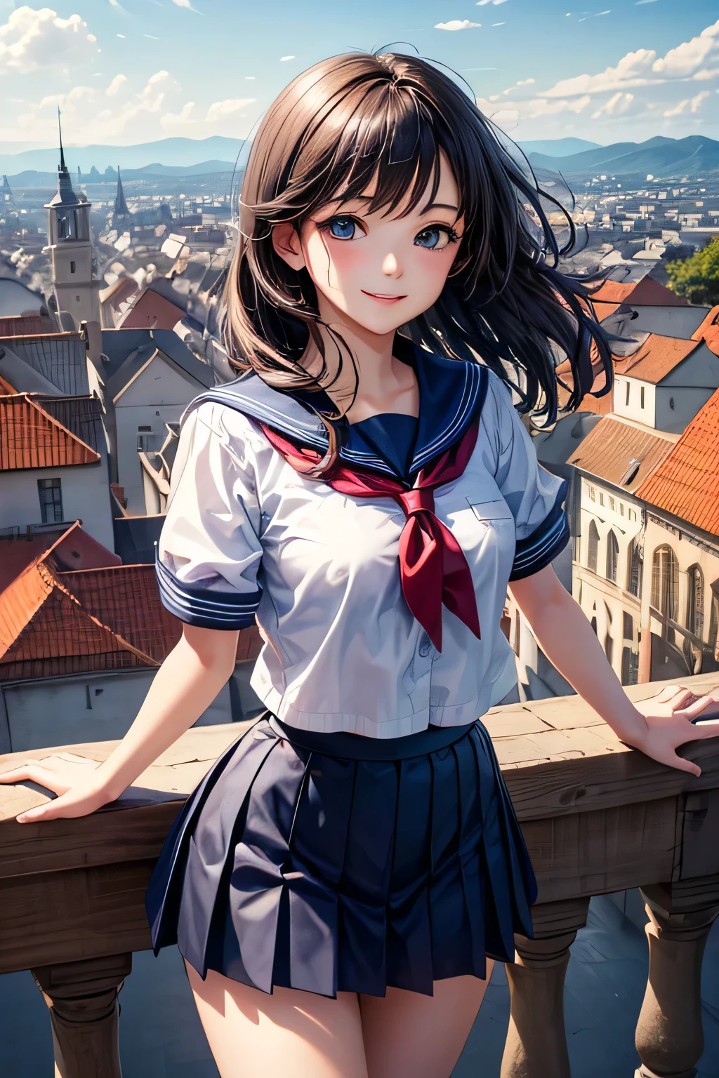 very cute and beautiful school girl,,(very detailed beautiful face and eyes:1.2),(Cowboy Shot),
Smile,Black hair,Seifuku,(Pleated mini skirt in navy blue),Dynamic Pose,Dynamic Angle,Looking at Viewer,
many european houses with red roofs,(Town overview:1.2),
(Best Quality,masutepiece:1.2),Intricate details,Extremely detailed,Ultra-detailed,8K resolution,Solo,Natural lighting,
Hair fluttering in the wind,Beautiful detailed sky,