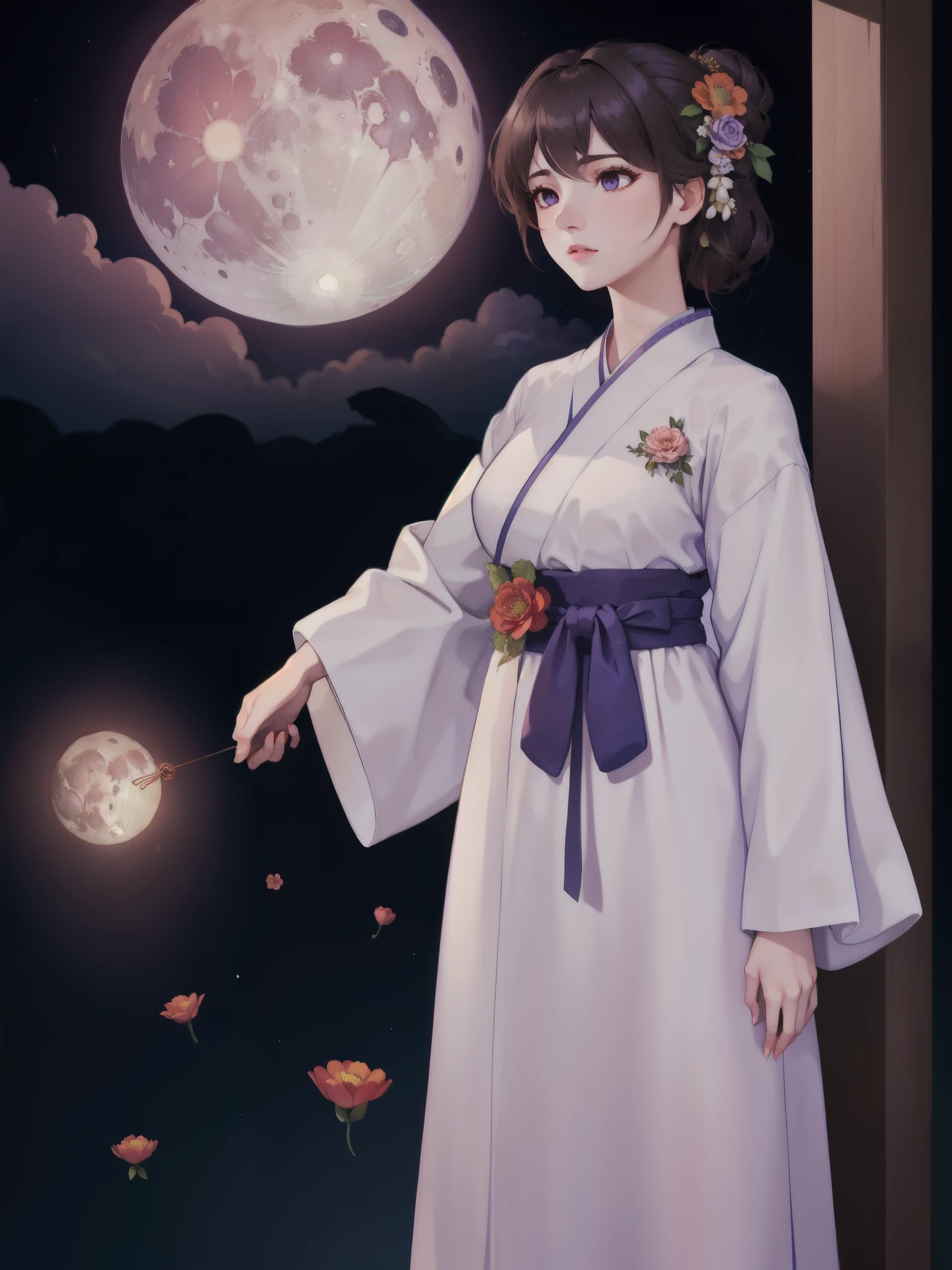 Best quality at best, tall_settle, distinct_Image of a, detailedbackground ,girl, Hanbok,florals,florals园,themoon, the night,