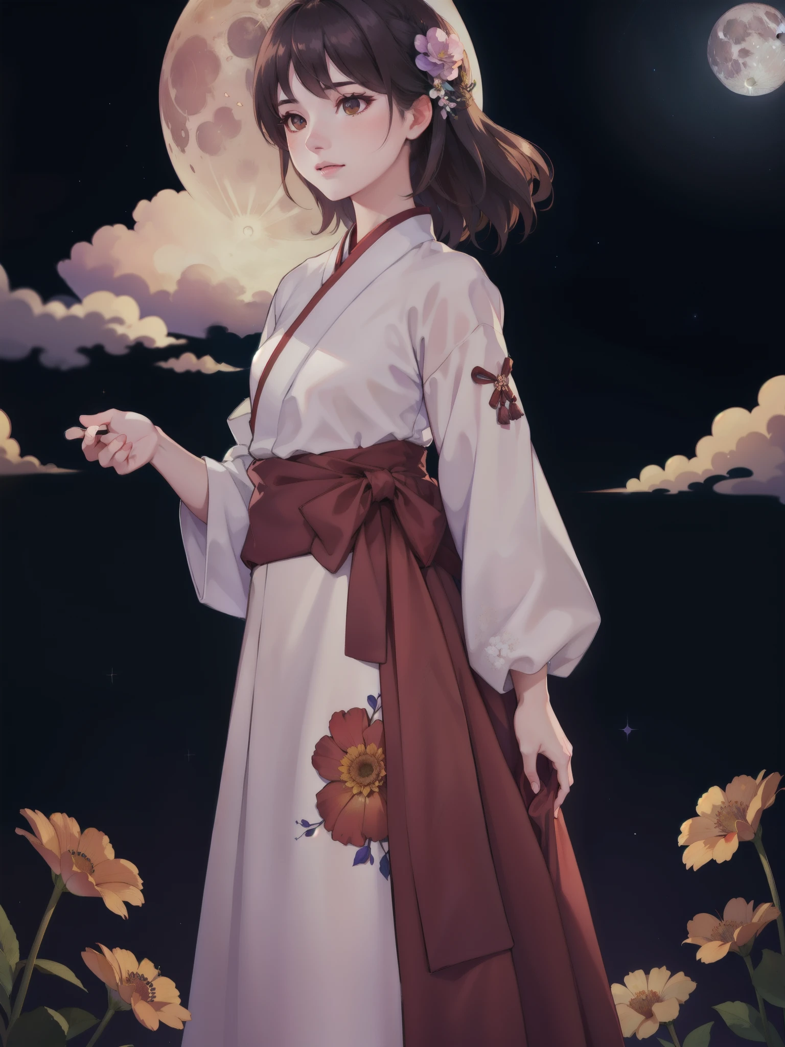 Best quality at best, tall_settle, distinct_Image of a, detailedbackground ,girl, Hanbok,florals,florals园,themoon, the night,