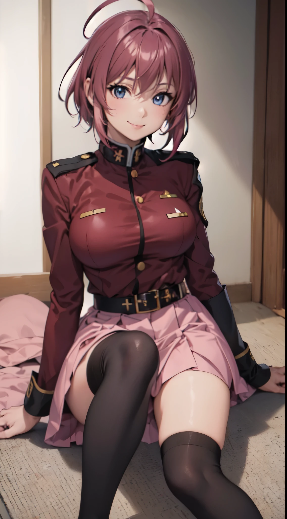 Florence Nightingale, Florence Nightingale, Pink hair, Long hair, (Red Eyes:1.5), Hair braid, side locks, folded ponytail, Single braid, braid, braided ponytails,Break Military, Military uniform, uniform, (Red uniform:1.5),Naughty big、large full breasts、BREAK looking at viewer,BREAK (masutepiece:1.2), Best Quality, High resolution, Unity 8k壁纸, (Illustration:0.8), (Beautiful detailed eyes:1.6), extra detailed face, Perfect Lighting, extremely details CG, (Perfect hands, Perfect Anatomy),(Squatting:1.3), (Black panties:1.3)、(Fully exposed panties:1.5)、outside of house、plein air、