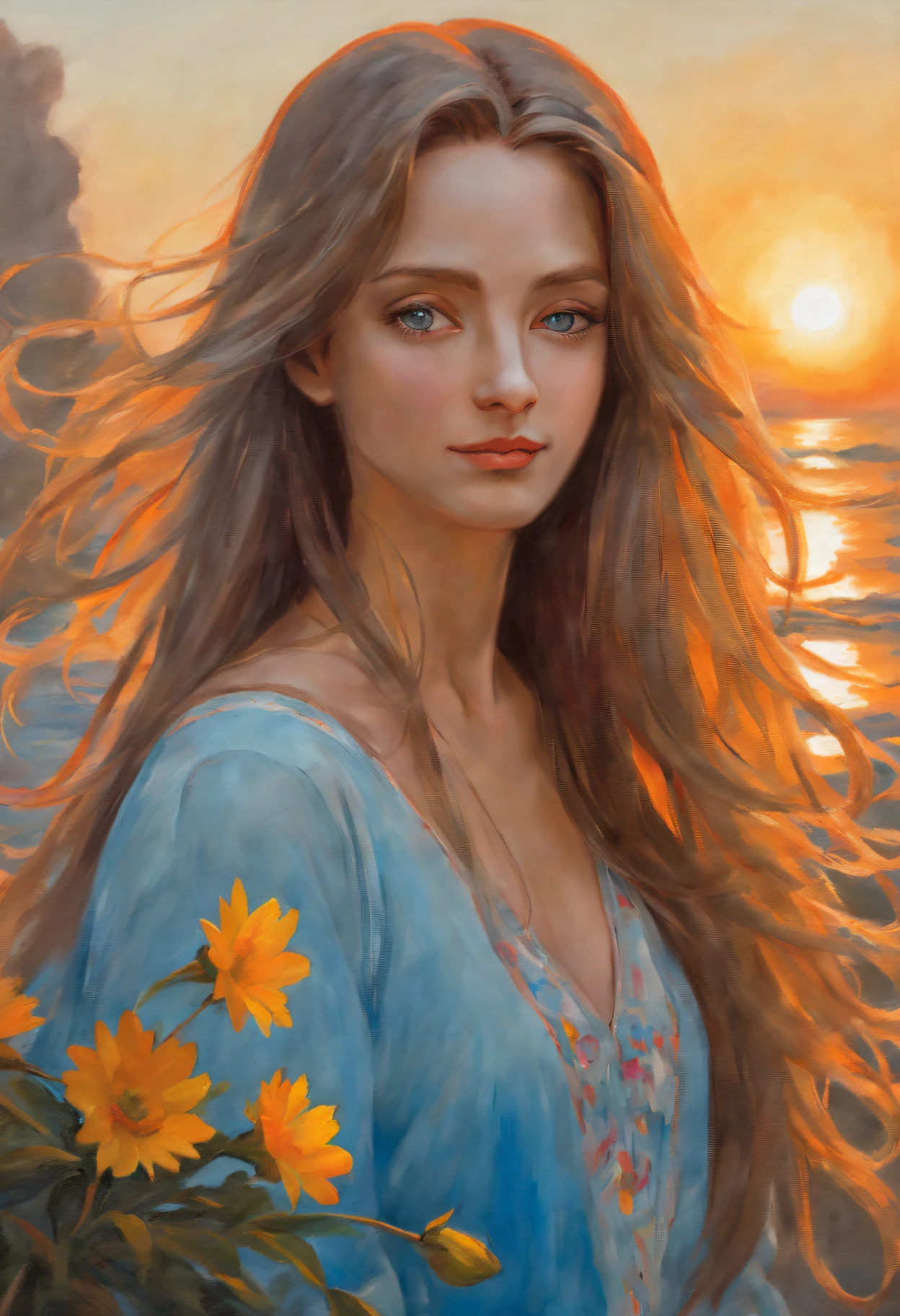 Best quality at best，ultradetailed，（oil painted），Woman with long hair，A flower in his hair, beautidful eyes，Soft, flowing hair，a hint of smile，Colorful costumes，in the sunset，Vivid brushstrokes，classic profile portrait，Subtle light contrasts，depth and dimensionality，fine strands，tmasterpiece：1.2