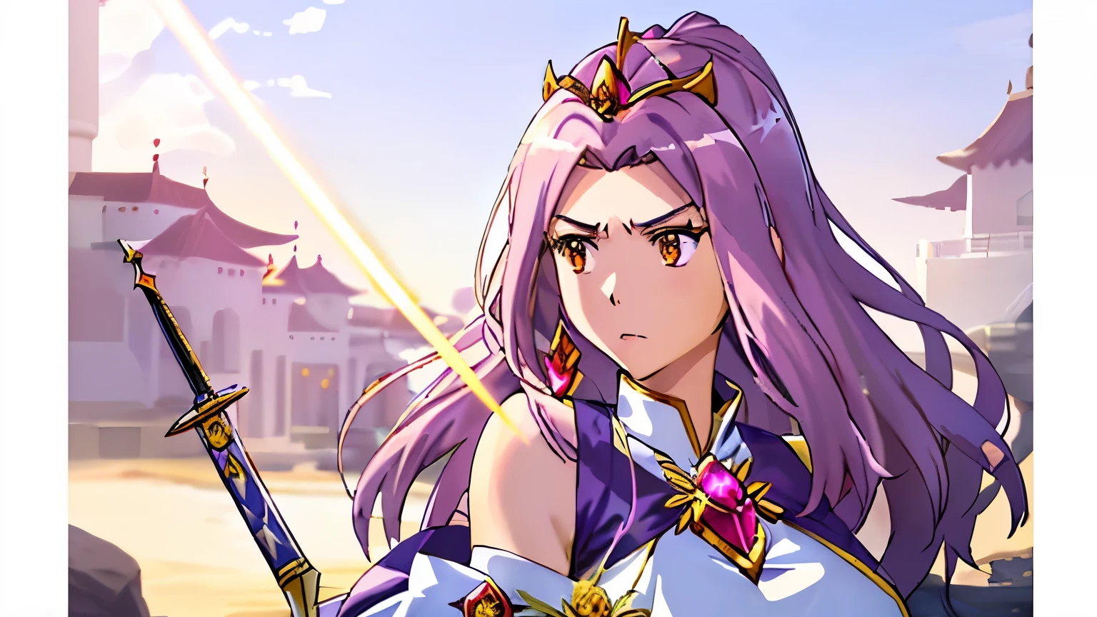 Close-up of a woman in a white dress costume holding a sword sword, knights of zodiac girl, portrait knights of zodiac girl, Woman with long purple hair, Brown-eyed woman, anime goddess, rei hino as a princess, Muscular woman, feminine and muscular, Shining ruby armor, oppai,  huge tit, had very large breasts, ((a beautiful fantasy empress)), 魅惑的なQueen Night, Dressed in light armor, Dress Armor Lady, Galactic Queen, Crystal Ruby Armor, a matural female, tall, appeal, High quality anime art style, smooth anime cg art, Queen Night, digital manga art, magical girl anime mahou shojo, Ruby Princess, Ruby reflective armor,