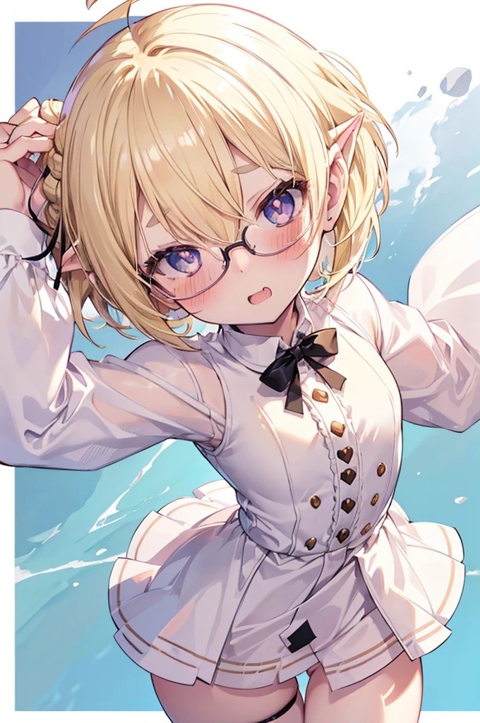 ultra detailed, best quality, high resolution, ((16k)), ((1 little girl)), 1boy, pale skin, petite, (glossy blonde hair:1.5), (very short hair), (ahoge:1.3), (glasses), pointy ears, (blush:1.5), blue eyes, big breasts, happy finger smile, cowboy shot, ((single short braid:0.8)), open mouth, (finger pointing), ((hair ribbon)), nsfw, ((topless:1.5)), vaginal,sex