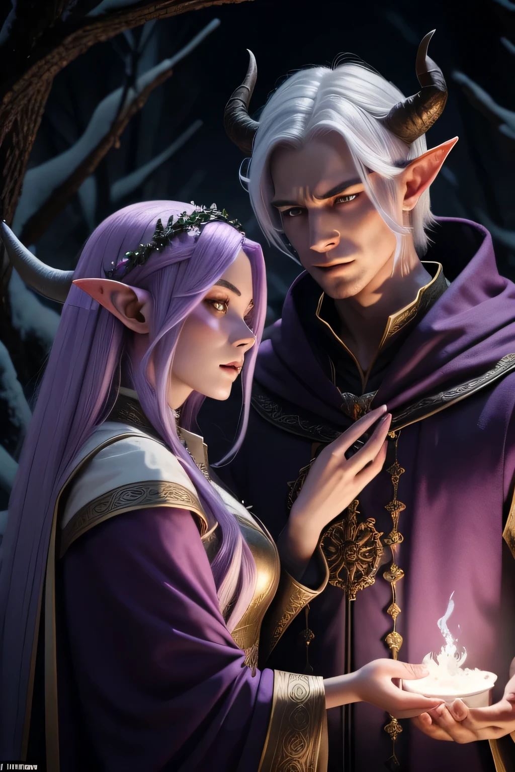 2 characteristic demons with lilac skin and beautiful long horns, dressed like a sorcerer&#39;gown, strong beautiful face, a lot of details and next to him an underground elf with long snow-white hair on the battlefield. higly detailed, Cinematic lighting