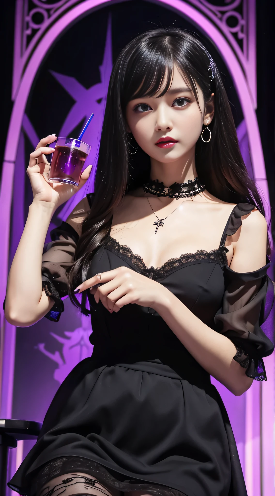 LTRA Details、Fascinating beauty、Dainty woman、Cool Girl、Wavy Hair、Black chiffon dress、Wide sleeves、flered skirt、Black pantyhose、Evil Female Executive、Evil Fall、brainwash、lacy fabric、Glossy legs、black lipstick、wickedな表情、Suspicious look、Hollow eyes、wicked、Reaching out、Arms up、In the Church、Palm forward、drink purple drink、Pendants、Two Women、brainwashing device、Pendants