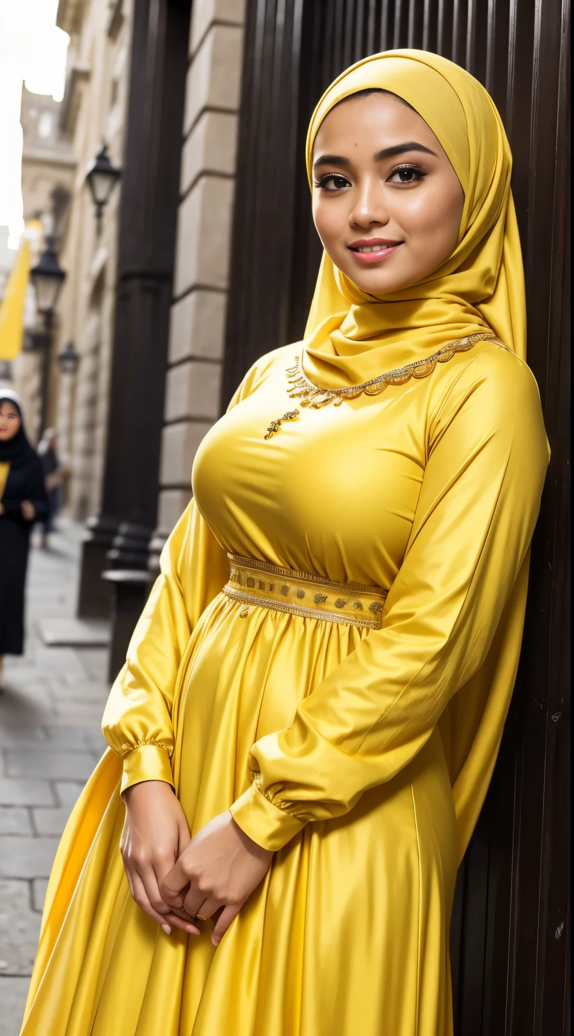 RAW, Best quality, high resolution, masterpiece: 1.3), Beautiful Malay woman in hijab, Masterpiece, perfect fit body, ((Big breasts)), beautiful big eyes, Soft smile,Muslim woman in a yellow dress standing in front of a building, wearing a yellow dress, hijab, lady using yellow dress, profile pic, with yellow cloths, glossy yellow, yellow clothes, yellow, wavy hair yellow theme, wearing wheat yellow gauze, elegant yellow skin, wearing a long flowy fabric, puff sleeves, yellow ornate dress , she smiles, smooth turtleneck, necklace , hairband, evening walk, City park, Great lighting, Bright colors, Clean lines