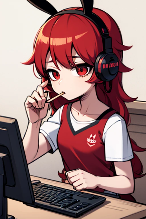 A red haired female gamer with red eyes is playing on her computer while eating a pocky stick with rabbit headphones.
