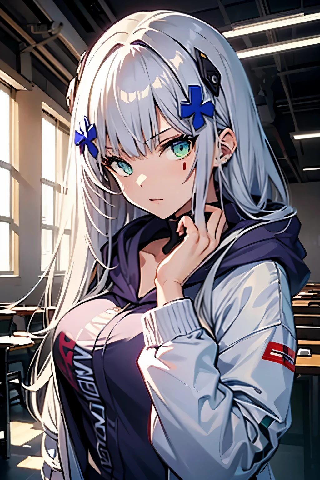 (best quality:1.3), (masterpiece:1.3), (illustration:1.3), (ultra-detailed:1.3), (imid shot:0.9), 1girl, Long hair, white hair, blue eyes, purple hoodie, looking at viewer, white jacket, medium breasts, HK416Clukay, upper body, indoors