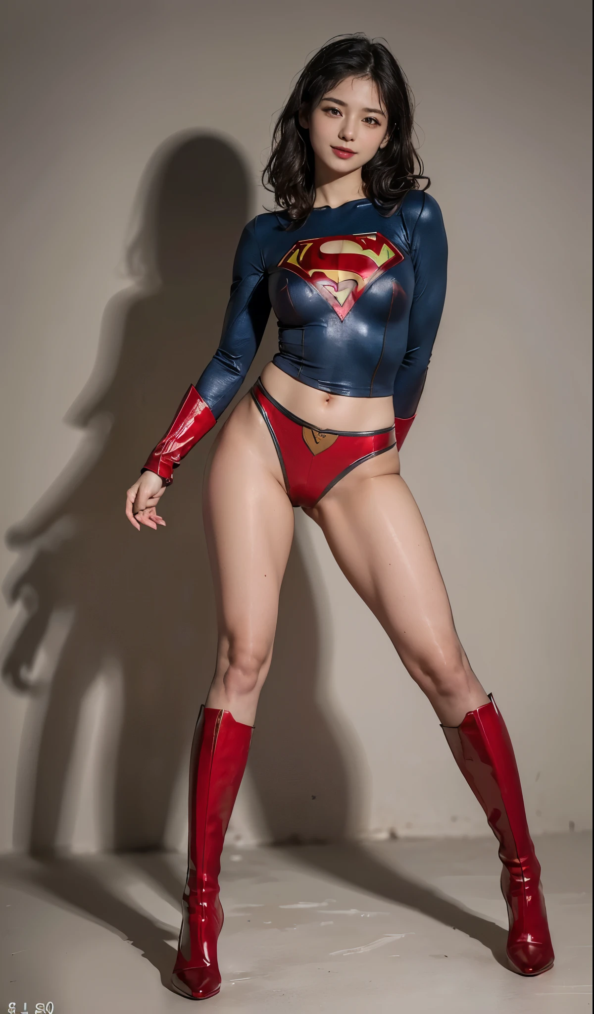 No background、Are sleeping、lying back on、(((Wear black tights on your beautiful legs.)))、(((Grow legs、tall、Legally express the beauty of your smile)))、((((Make the most of the original image)))、(((Supergirl Costume)))、(((beautiful hairl)))、(((Suffering)))、(((Feet must necessarily be worn with black tights)))、(((You need to wear red boots)))、((Top image quality、8K))、((top-quality、8K、​masterpiece:1.3))、(((Keep Background )))、Crisp focus:1.2、Beautiful woman with perfect body shape:1.4、Slender Abs:1.2、a wet body:1.5、Highly detailed facial and skin texture、8K