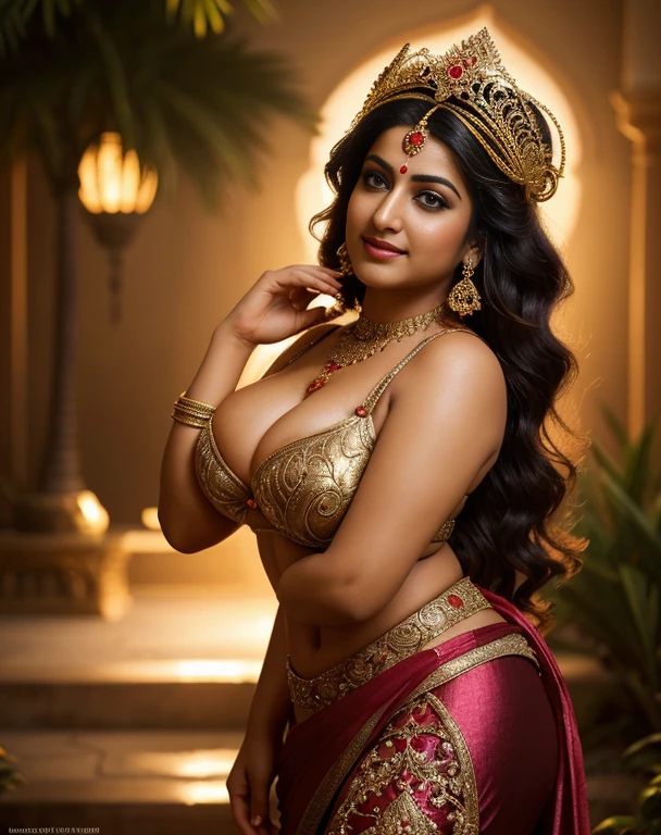 masterpiece portrait photography:1.3) of a (solo:1.3) ravishing erotic curvy chubby Suhasini Sinha as persian princess Jasmine ,posing in a oasis garden, wearing mask & rubies, (harem pants:1.3), navel, photo realistic, big saggying boobs, Indian look, Hindu goddess crown, (ravishing wavy backlit hair), cinematic, (glowing intricate eyes:1.assionate expression:1.3) dramatic lighting, shimmering bokeh, backlit, light rays, highly detailed, trending on artstation, rich colour, mythological portrait, High rise slit, raised hands half way, posing, laughing out loud face, photo realistic