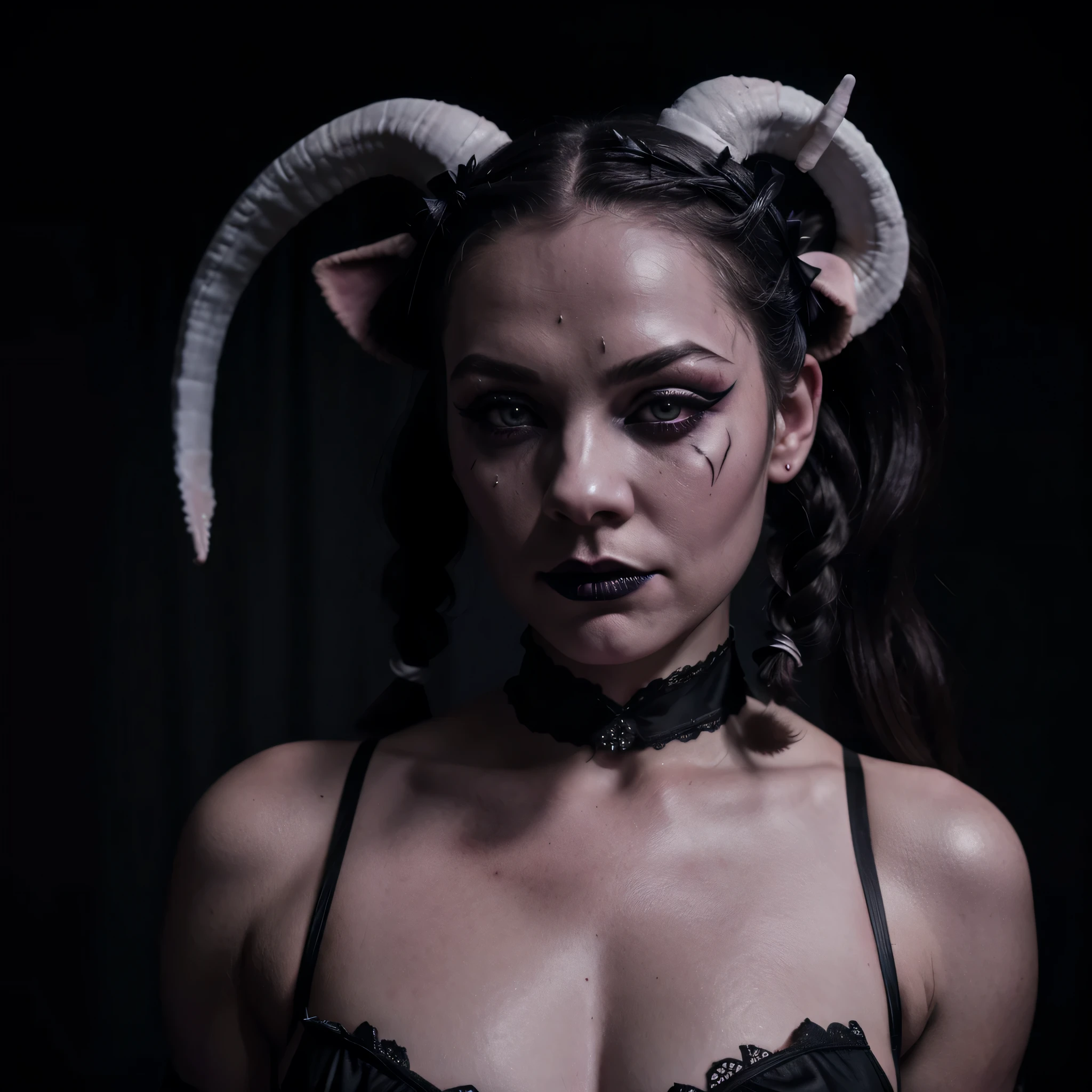 breathtaking demon scar face white pig braid tails hair woman with horns and with star and crescent on top chest dressed in sexy lingerie posing for a photo in a dark minimal studio, darksynth aesthetic, minimal background, goth makeup, bizarre fashion photography, ultra detailed, masterpiece.