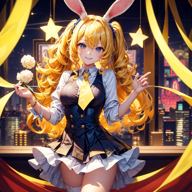 1girl in, Solo, casino、roulette、Yellow hair, Curly hair, Medium Hair Up、Rabbit ears、dealer、blue tie、Smile, Standing, a closeup、Highest quality image quality、8K、An ultra-high picture quality、