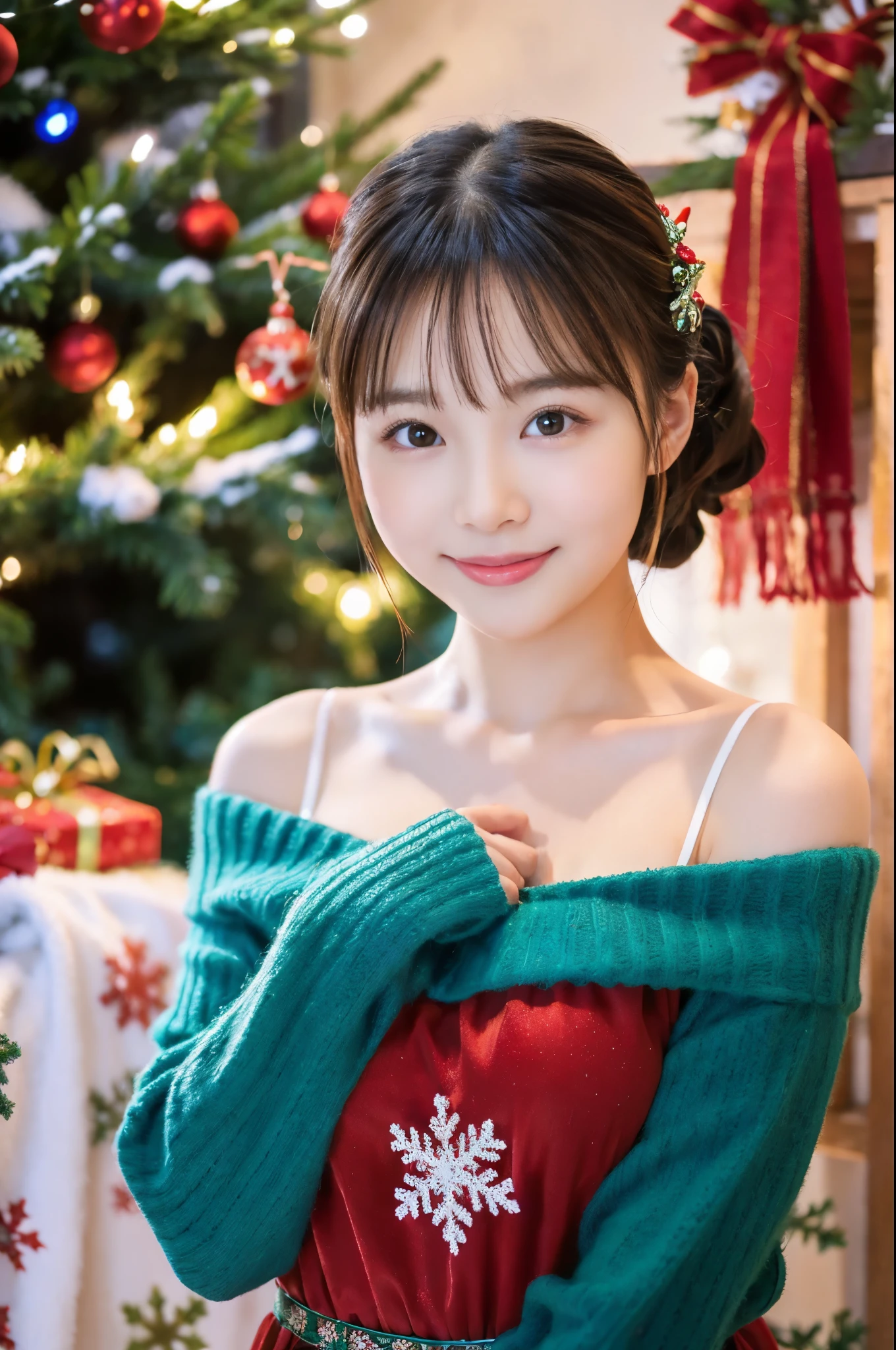 ulzzang -6500-v1.1, (Raw photo:1.2), (Photorealsitic), beautiful detailed women, (Real: 1.4), extremely detailed eye and face, beatiful detailed eyes , (girl in a beautiful red dress, Standing in front of a beautifully decorated Christmas tree),Illustration,Christmas,Fun atmosphere,Twinkling lights,soft snowflakes fall,Best Quality,4K,Ultra-detailed,Vibrant colors,pine scent,Cozy,romantic,Cheerful,breathtaking scenery,Warmth,Happiness,Magical,Holiday spirit,Winter wonderland,pure love and kindness.、off shoulders、I keep my hair up and short、a baby face、a navel