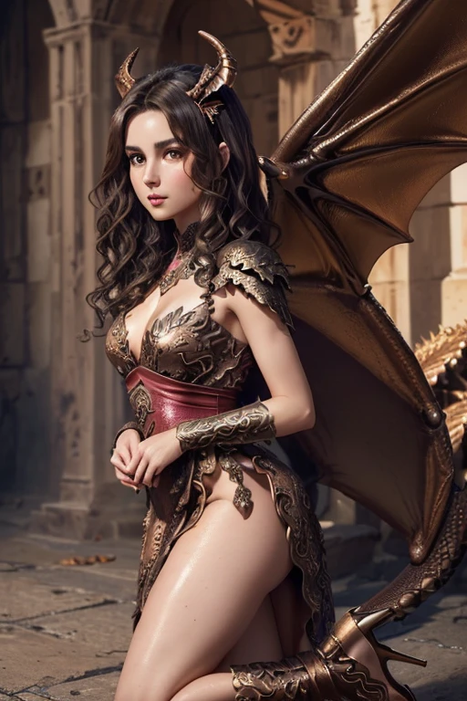 photo realistic, beautiful evil devil, female,  (((wearing bronze-brown greek dress, large dragon wings, high heels))), (((wavy brunette, small bust, narrow waist, beautiful legs))), (((looking at viewer, blushing cheek))), against muddy cave, highly detailed, realistic shaded perfect body, ultra realistic picture, cute  female