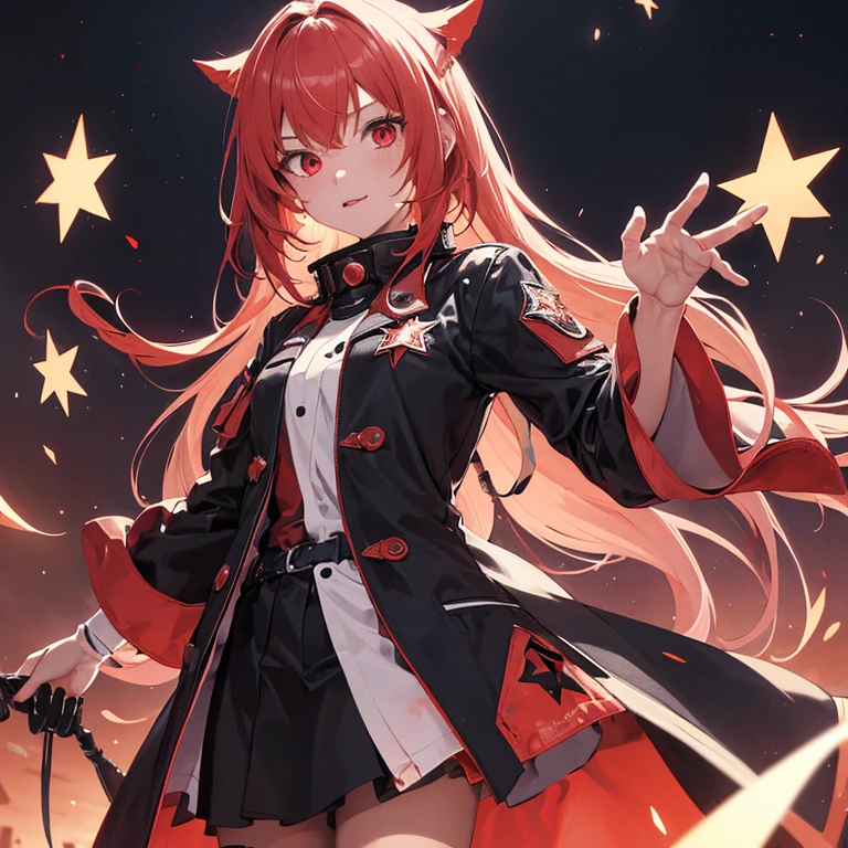 A high resolution,Infrared sleeve,There is only one red star on the coat,cabelos preto e longos,Campus background,red eyes,age girl,Two-dimensional style,Hand repair,