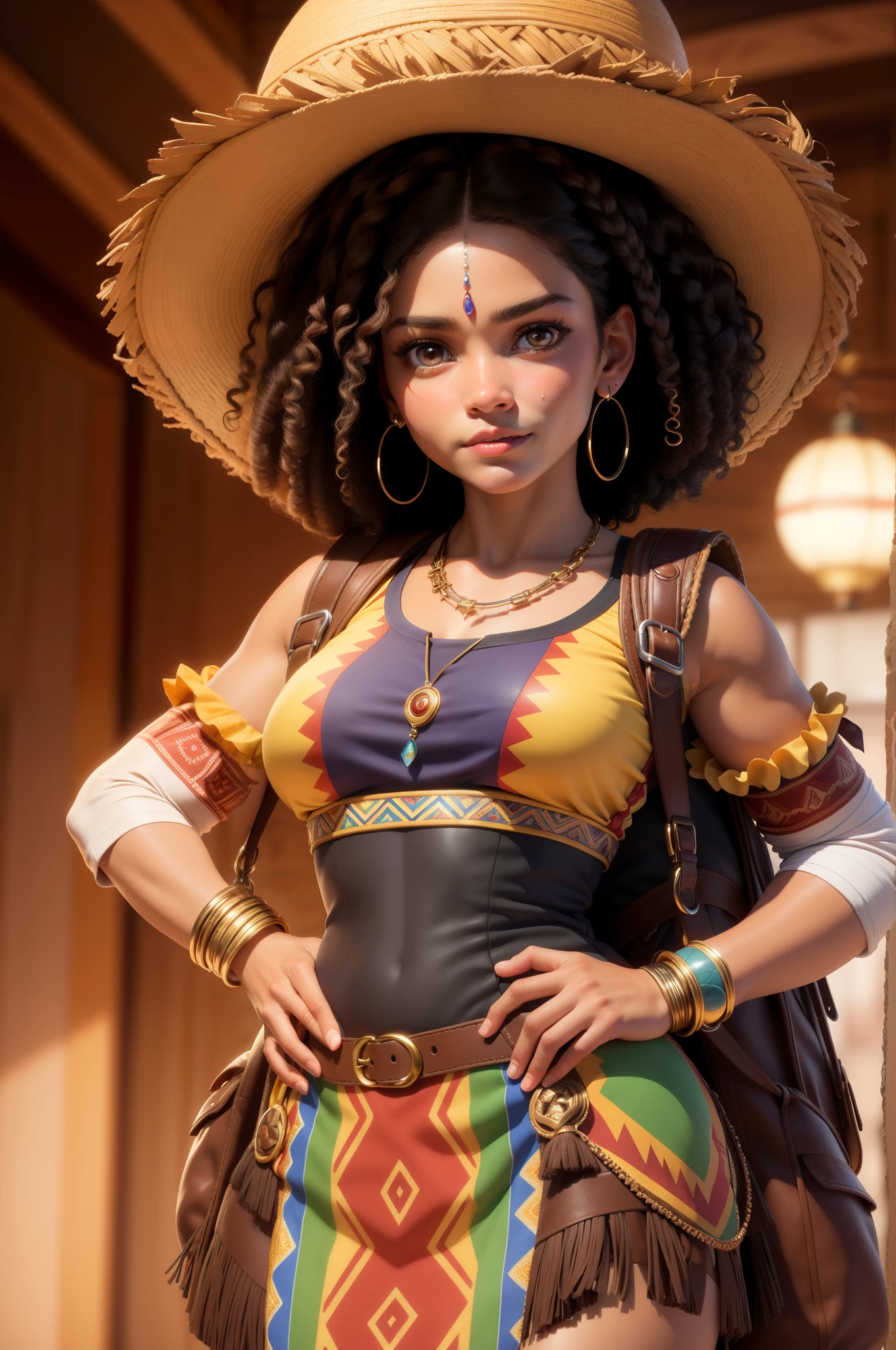 High-quality ultra-realistic image of a woman. She is Taino. Strong features, fair skin. Dark brown curly hair, dark eyes. The woman is dressed in traditional Dominican Republic garments. She wears a backpack like Dora the Explorer. A beautiful woman has a smirk. Her eyes glare with passionate fury.