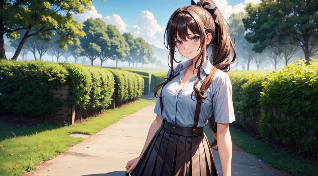 1girl, full body, solo, village, trees, sun, clouds, brown hair, long hair, curly hair, ponytail, large breasts, button down shirt, ((grey silk shirt)), ((unbuttoned shirt)), brown eyes, ((short sleeved shirt)), red and black skirt, grin, looking at the viewer, ((standng)), hair ribbon