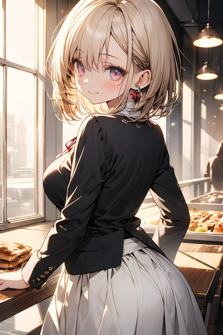 masterpiece, absurdres, best quality, ultra detailed, high Resolution, detailed illustration, extremely beautiful detailed face and eyes, bright colour, 1girl, (loli), cute face, Delicate beautiful face, magenta eyes, cute eyes, sparkling eyes, big eyes, medium breasts, (perky breasts:1.1), (pointy breasts:1.1), medium hips, glamorous body, white skin, smile, BREAK, long bob cut, (blonde hair:0.8), messy hair, detailed hair, shiny hair, BREAK business jacket, sweater, long skirt, tiny ribbon, cafeteria, pancake, real world, natural lights, perfect lighting,