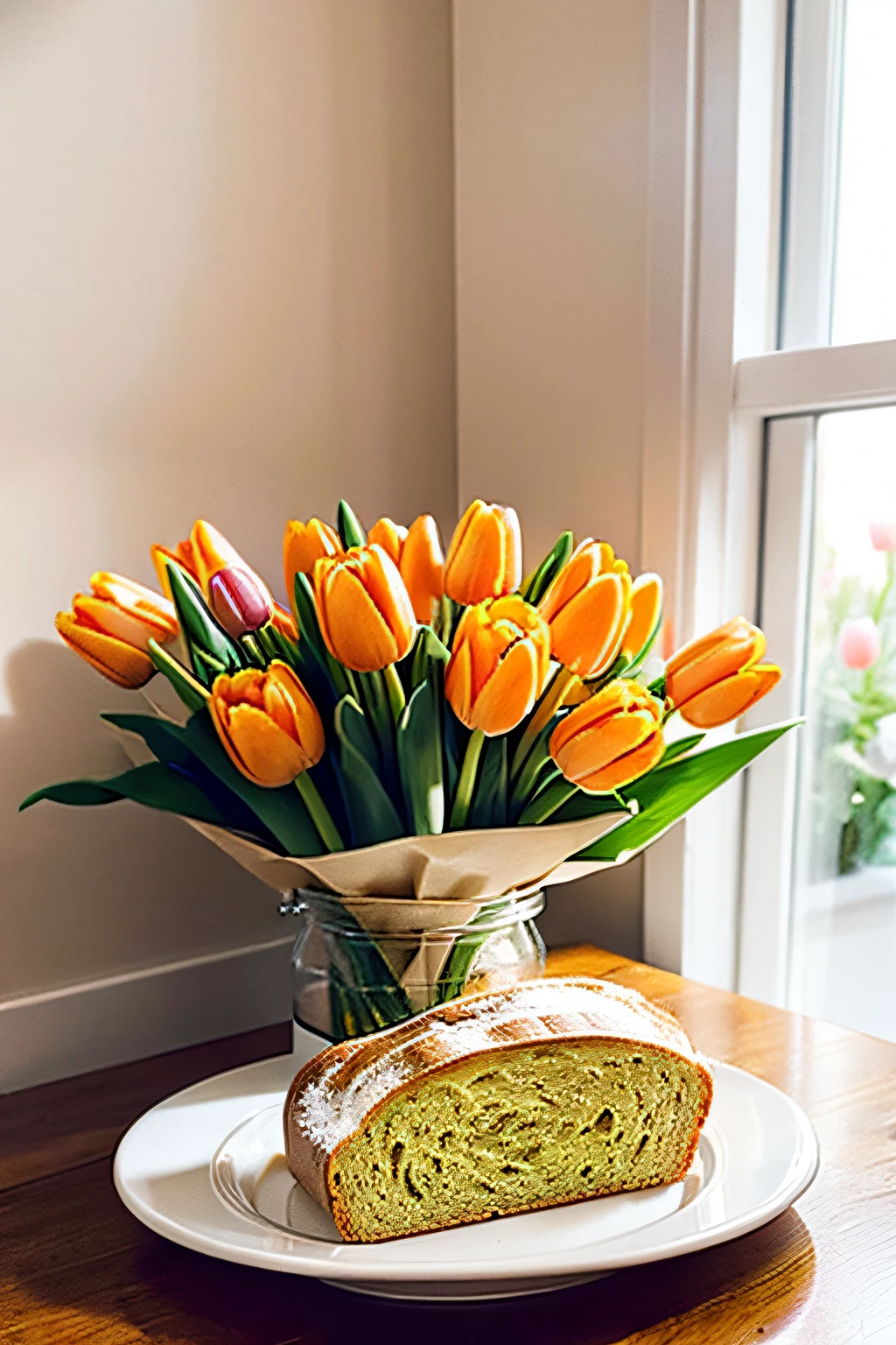 in a coffee shop，loaf of bread on dinner plate，There&#39;s a glass of milk next to it，There is also a bouquet of tulips as decoration，The best composition