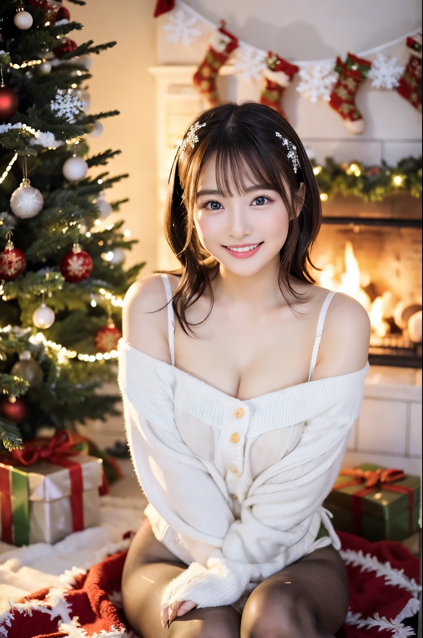 ulzzang -6500-v1.1, (Raw photo:1.2), (Photorealsitic), a beautiful detailed girl, (Real: 1.4), ighly detailedな目と顔, beatiful detailed eyes, (girl in red strapless dress, Standing in front of a beautifully decorated Christmas tree),, ((Ultra-realistic pantyhose:1.2)), Squat on the floor、selfee、Instagram、game_nffsw, huge filesize, hight resolution, ighly detailed, top-quality, [​masterpiece:1.6], illustratio, ighly detailed, nffsw, finely detail, top-quality, 8k wallpaper, Cinematographic lighting, 1girl in, 17 age, perfect body type, cute droopy eyes beautiful big eyes、Pieckfinger, ((masutepiece)), Best Quality, 1girl in, eye shadow,  Idol makeup、Portrait, ((FULL BODYSHOT:1.4))、(Very affectionate smile:1.2)、realistic skin textures、shinny skin、Exposed thighs!!! Christmas,Fun atmosphere,Twinkling lights,soft snowflakes fall,Best Quality,4K,Ultra-detailed,Vibrant colors,pine scent,Cozy,romantic,Cheerful,breathtaking scenery,Warmth,Happiness,Magical,Holiday spirit,Winter wonderland,pure love and kindness.、off shoulders、I keep my hair up and short、a baby face、a navel