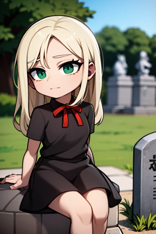 an ashen haired woman with green eyes in gothic clothing is posing by a tombstone.