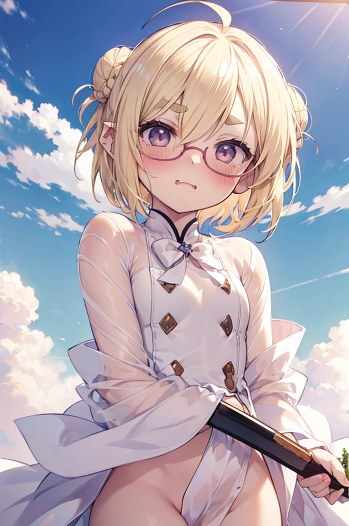((nude:1.3)), ultra detailed, best quality, high resolution, ((16k)), ((1girl)), pale skin, petite, (glossy blonde hair:1.5), (very short hair:2.0), (ahoge:1.5), (glasses), pointy ears, (blush:1.5), blue eyes, medium breasts, smile, cowboy shot, big hair ribbon, ((double bun)), ((fang:1.3)), open mouth, (forehead:1.3), (thick eyebrows:1.3), ((wavy mouth)), ((nsfw)), ((chibi:1.3))