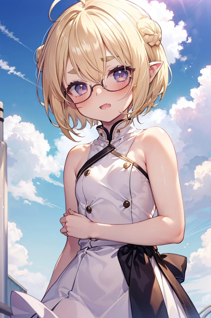 ultra detailed, best quality, high resolution, ((16k)), ((1girl)), pale skin, petite, (glossy blonde hair:1.5), (very short hair:2.0), (ahoge:1.5), (glasses), pointy ears, (blush:1.5), blue eyes, medium breasts, smile, cowboy shot, chinese store, big hair ribbon, ((double bun)), ((fang:1.3)), open mouth, (forehead:1.3), (thick eyebrows), ((pretty china dress)), ((wavy mouth)), ((clothes lift:1.3)), ((nsfw)), ((chibi:1.3)), (white frilled panty), ((topless)), ((closed eyes)), bare breasts