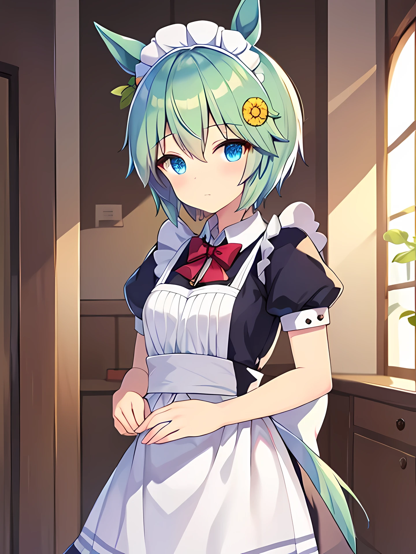 maid dress, (Seiun Sky\(Umamusume\)), Flower hair ornament,