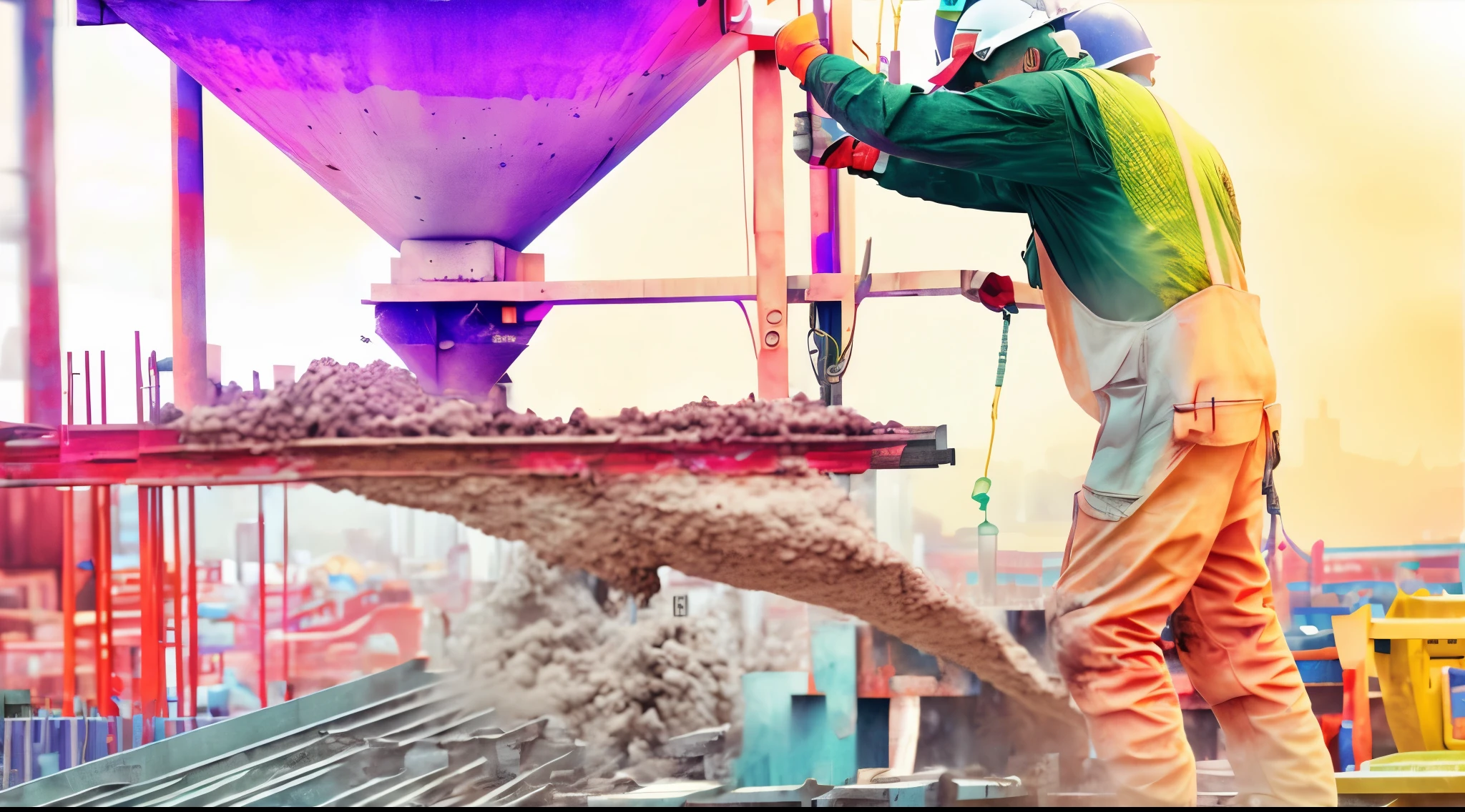 arafed worker pouring cement into a container at a construction site, cement, illustration, construction, industrial photography, concrete, photo taken in 2 0 2 0, ground-breaking, promo image, concrete ), bright construction materials, stunning image, post grunge, professional work, smooth solid concrete, advertising photo, cover shot, solid concrete, accurate portrayal, an illustration, colorful image, futuristic machine cement container, factory background, realistic image, 16k resolution, exciting image, full of colors, sunny day