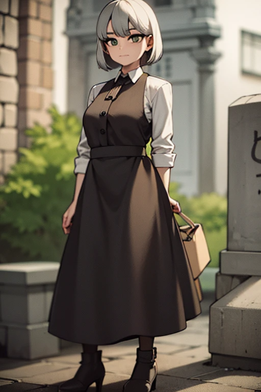 an gray haired young woman with green eyes in gothic clothing is posing by a tombstone.