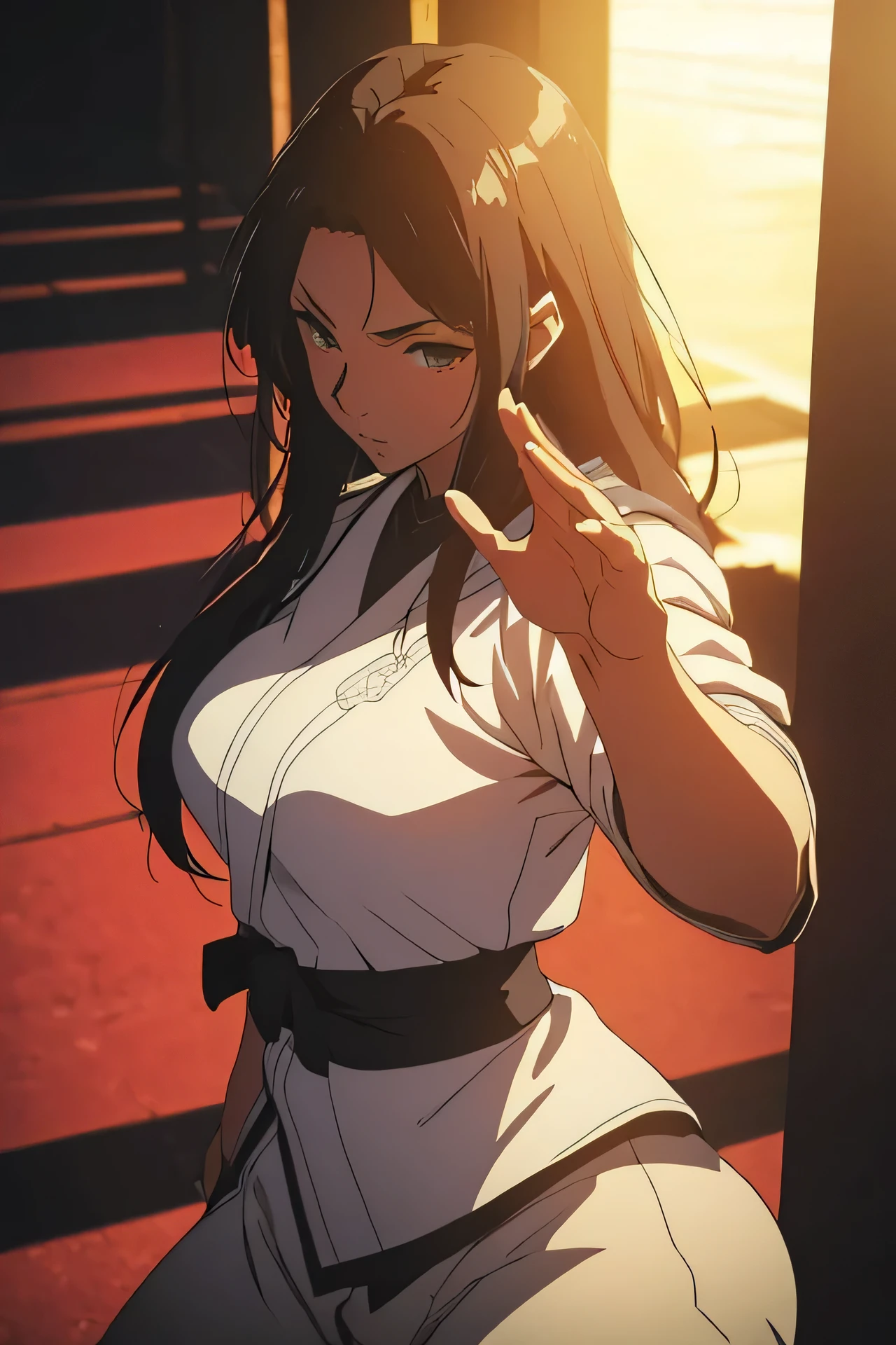 A beautiful woman, ((martial art))), masterpiece, top quality, detailed, (anime), beautiful hands, from behind, far away, 4k, best quality, 1girl,