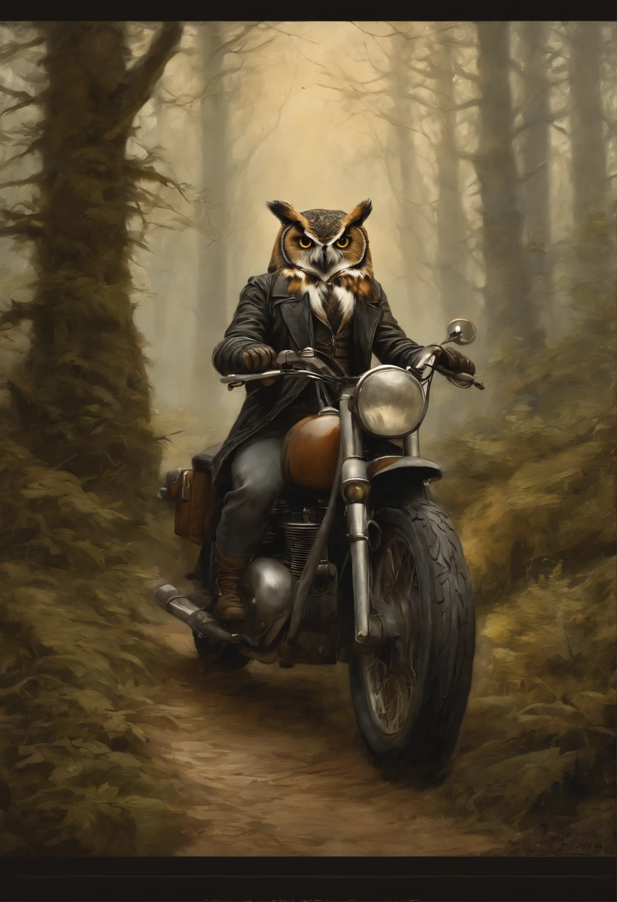真实感, dark fantasy style, John Tolkien style, Small painting by Jean-Baptiste Monge, fluffy owl with big breasts, In a short black leather jacket....., Jeans, Standing next to a motorcycle, wild island, Forest Trail, forest house,  Jean-Baptiste Monge, anthropomorphic --ar 2:3 --testp -optimistic;