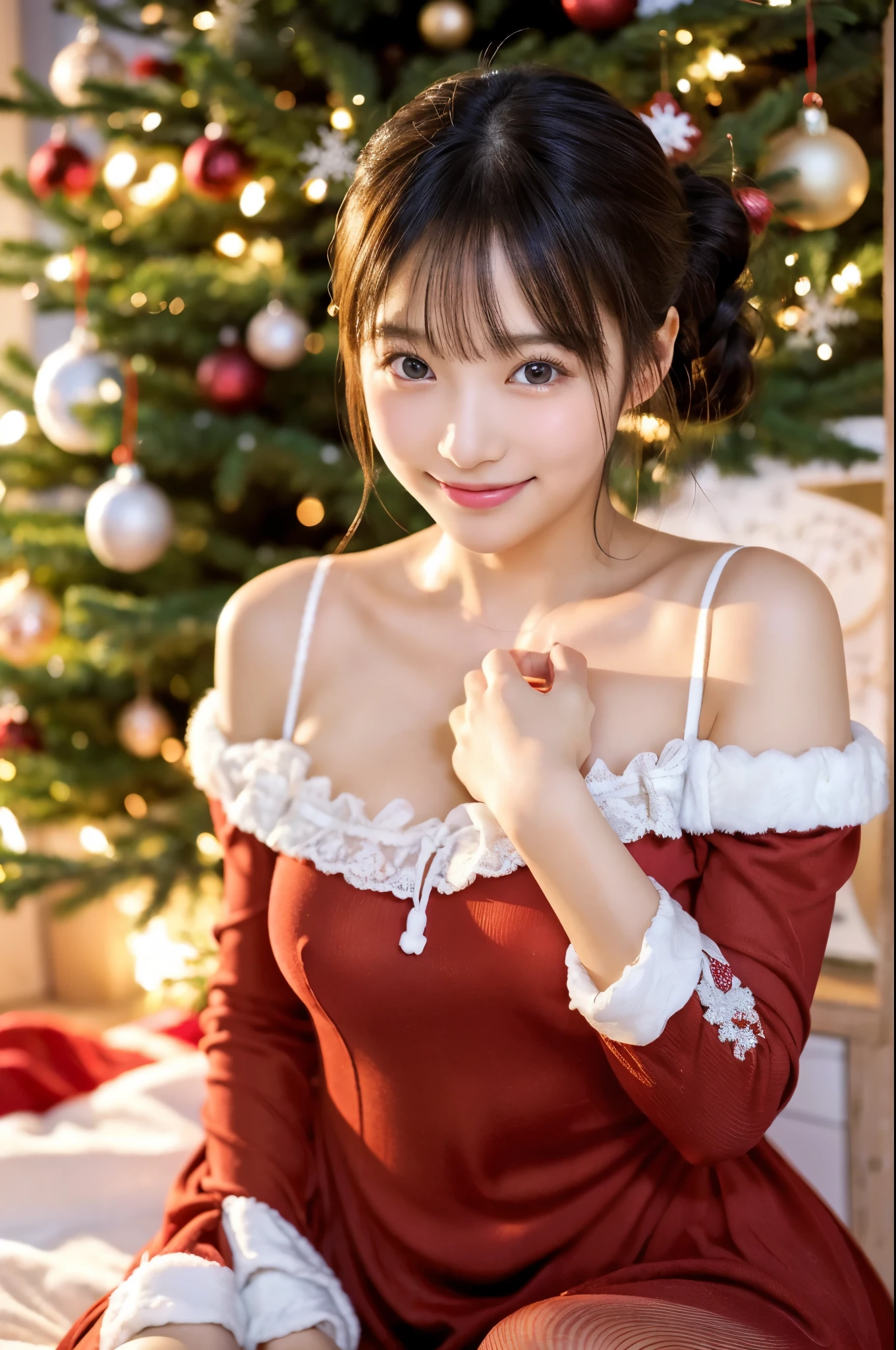 ulzzang -6500-v1.1, (Raw photo:1.2), (Photorealsitic), a beautiful detailed girl, (Real: 1.4), ighly detailedな目と顔, beatiful detailed eyes, ((girl in a red strapless dress:1.3)), (Standing in front of a beautifully decorated Christmas tree), ((Ultra-realistic pantyhose:1.2)), Squat on the floor、selfee、Instagram、game_nffsw, huge filesize, hight resolution, ighly detailed, top-quality, [​masterpiece:1.6], illustratio, ighly detailed, nffsw, finely detail, top-quality, 8k wallpaper, Cinematographic lighting, 1girl in, 17 age, perfect body type, cute droopy eyes beautiful big eyes、Pieckfinger, ((masutepiece)), Best Quality, 1girl in, eye shadow,  Idol makeup、Portrait, ((FULL BODYSHOT:1.4))、(Very affectionate smile:1.2)、realistic skin textures、shinny skin、Exposed thighs!!! Christmas,Fun atmosphere,Twinkling lights,soft snowflakes fall,Best Quality,4K,Ultra-detailed,Vibrant colors,pine scent,Cozy,romantic,Cheerful,breathtaking scenery,Warmth,Happiness,Magical,Holiday spirit,Winter wonderland,pure love and kindness.、off shoulders、((I keep my hair up and short))、a baby face、a navel