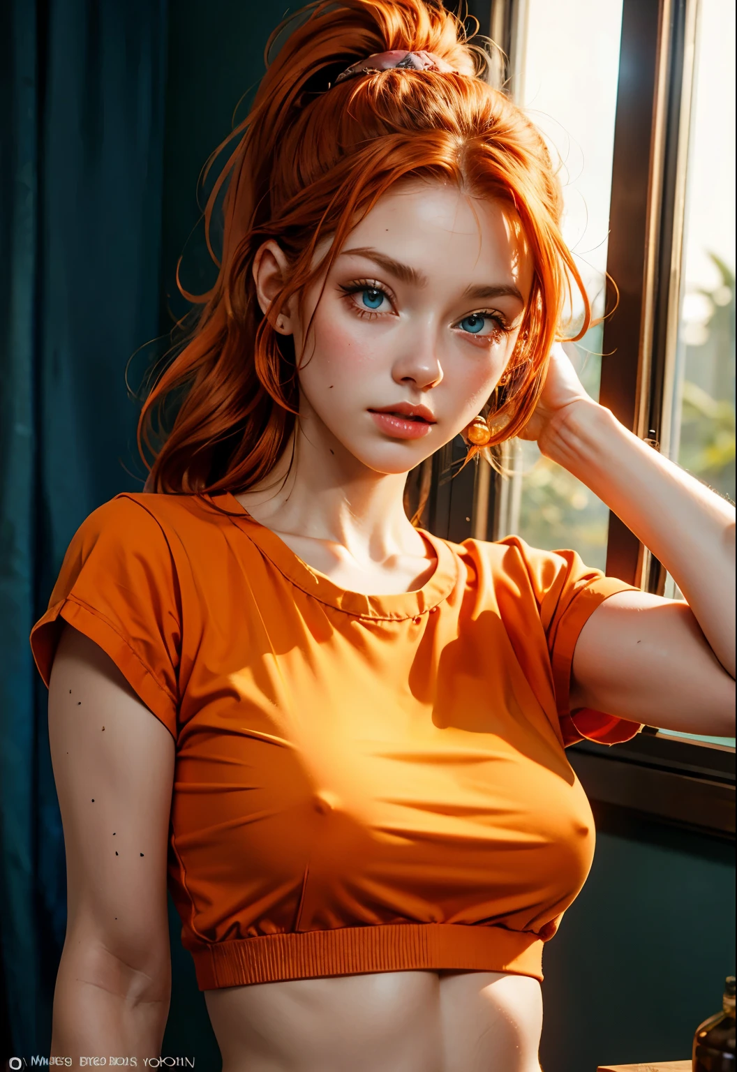 beautiful redhead, blue eyes, orange clothes, ponytail, American, 19 years old, Gorgeous woman, prisoner, Flashing, sexy, orange clothes,