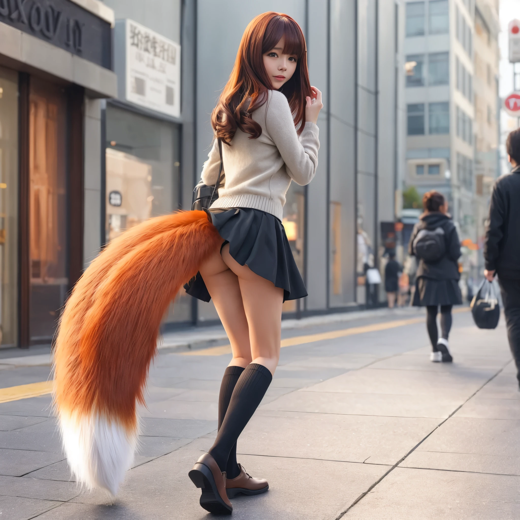 a woman  with a Fox tail walking down a street, Fox tail, Furry tail, fluffy tail, reallistic, furries wearing tails, thick fluffy tail, female furry mini cute style,  foxgirl,  photoreallistic,  Tailed, reallistic, white panties, a picture, top-quality, pleatedskirt, Surprised face, tail