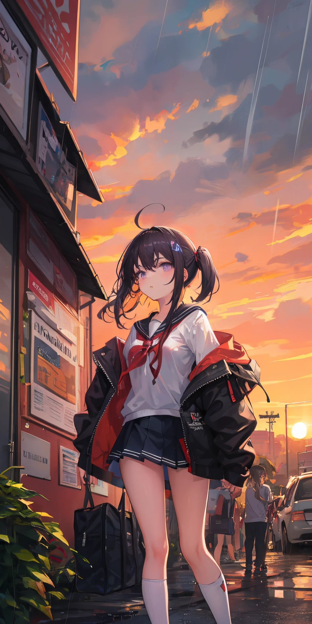 masterpiece, best quality, high resolution, solo, purple eyes, outdoor, rain, neon, clothes going out, embarrassment, anxiety,, messy clothes, orange sunset, dim, high school students in nursery,