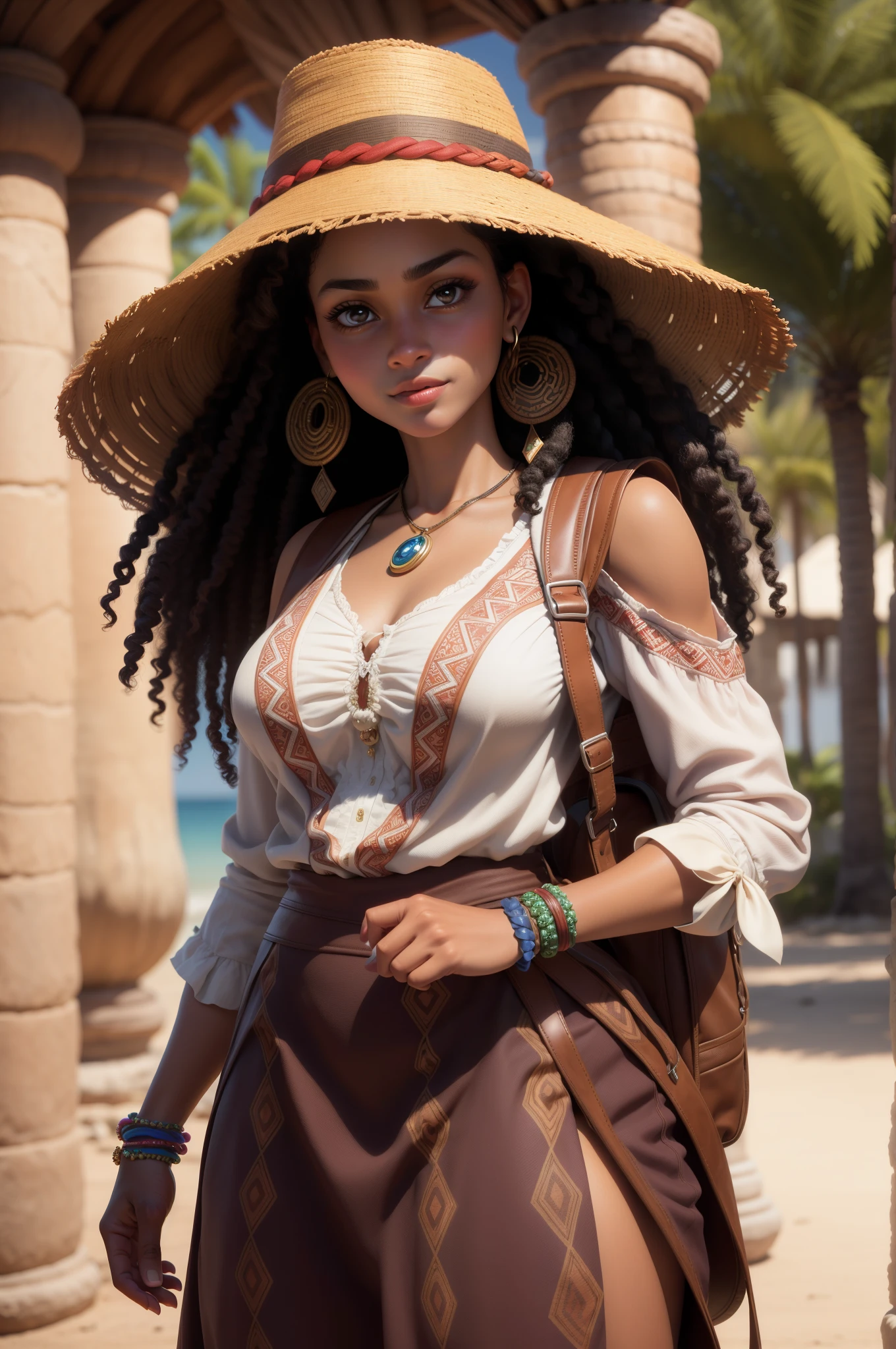 High-quality ultra-realistic image of a woman. She is Taino. Strong features, fair skin. Dark brown curly hair, dark eyes. The woman is dressed in traditional Dominican Republic garments. She wears a backpack like Dora the Explorer. A beautiful woman has a smirk. Her eyes glare with passionate fury.