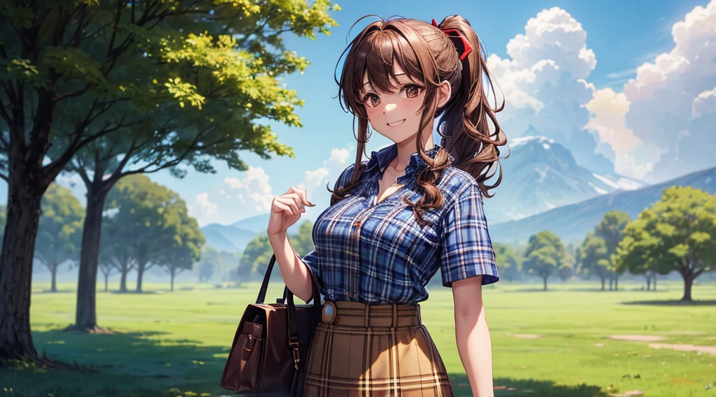 1girl, solo, full body, rural landscape, village, trees, sun, clouds, fantasy, brown hair, ponytail, large breasts, button down shirt, ((blue checked shirt)), ((short sleeved shirt)), ((unbuttoned shirt)), unbuttoning buttons, cleavage 1:3, shirt tied under chest, belly, blue eyes, dark skirt, smile, looking at the viewer, standing, hair ribbon, golden necklate