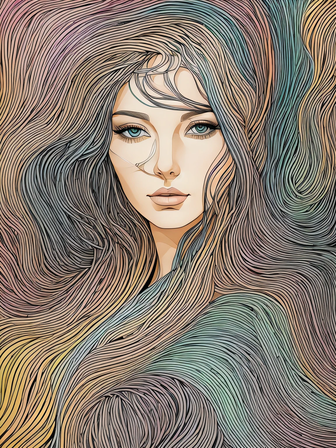 (ColorLineArt:1,7), (Color line:1,7), (color line drawing art), (thin colored lines), (stylized image of a woman's portrait with thin colored lines), Abstract art, hidden meaning, Hidden image