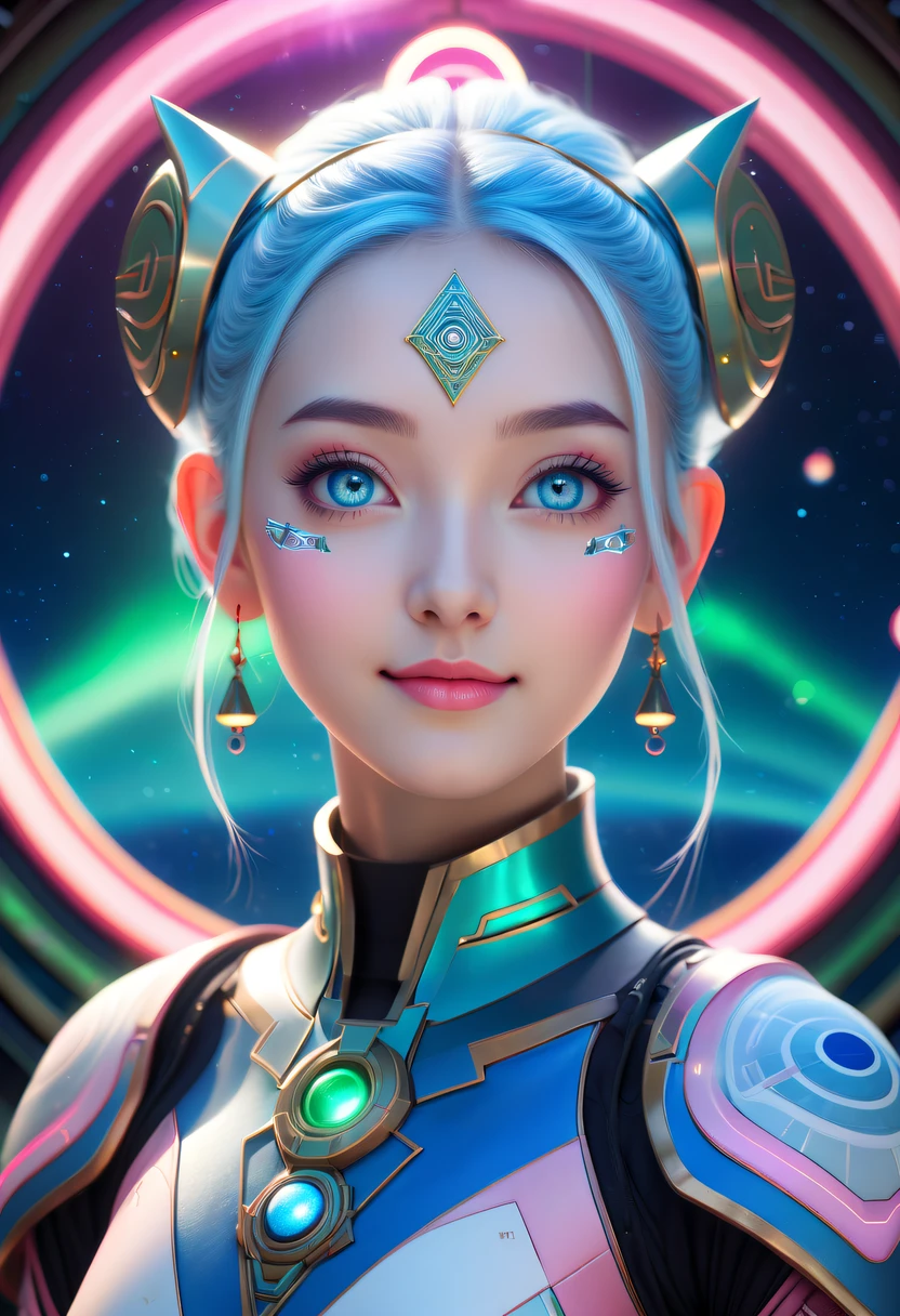 Oriental high bun hairstyle, ancient oriental artifacts, cute and beautiful blue-eyed girl in a spaceship and spaceship, wearing clothing with sacRed geometric symbols, In Earth orbit, aurora borealis, Ultra-realistic soft sunlight lighting, The skin is smooth and soft, a sharp gaze, Sophisticated beautiful pink, The white, and soft blue hair, soft pink lips, Symmetrical face, anime big blue eyes, gentlesoftlighting, Gentle and shy smile, adorable smile, looking at the camera in, extremely higly detailed,With anti-glare eye protection function, Soft light comes from behind, sacRed geometries and geometric symbols on the face, As estrelas, Skysky, sacRed geometry, Light language rescue background, neonlight, (light box) 68% Red: 41% blue: 37% Green: 37% filmgrain _ minimum, textur: +25%, clear: +40%, to contrast: +15%, shadowing: +11%, Sharpen: 100%