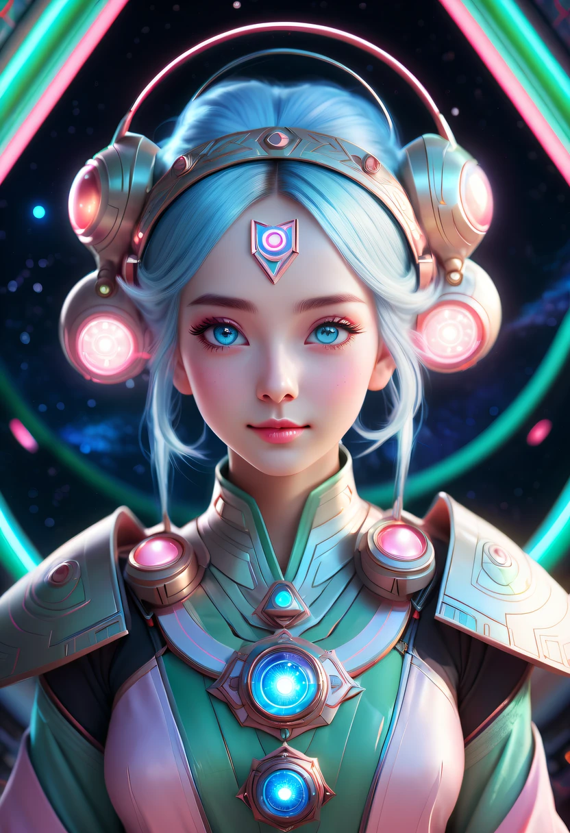 Oriental high bun hairstyle, ancient oriental artifacts, cute and beautiful blue-eyed girl in a spaceship and spaceship, wearing clothing with sacRed geometric symbols, In Earth orbit, aurora borealis, Ultra-realistic soft sunlight lighting, The skin is smooth and soft, a sharp gaze, Sophisticated beautiful pink, The white, and soft blue hair, soft pink lips, Symmetrical face, anime big blue eyes, gentlesoftlighting, Gentle and shy smile, adorable smile, looking at the camera in, extremely higly detailed,With anti-glare eye protection function, Soft light comes from behind, sacRed geometries and geometric symbols on the face, As estrelas, Skysky, sacRed geometry, Light language rescue background, neonlight, (light box) 68% Red: 41% blue: 37% Green: 37% filmgrain _ minimum, textur: +25%, clear: +40%, to contrast: +15%, shadowing: +11%, Sharpen: 100%