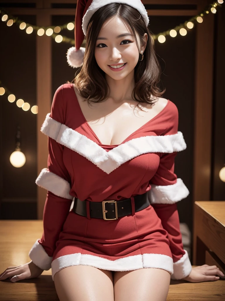 (Christmas:1.5)、((Santa Mini Skirt:1.3))、超A high resolution、(photographrealistic:1.4), in 8K、(Beautiful fece: 1.1), (One lady:1.5)、(49 years old:1.2)、AccentLighting、Shorthair、It was wavy_hair,thighs thighs thighs thighs,Black stockings、Enlarge the background, (Solo:1.5),、Japan actresses、A big smile、Photograph the whole body、