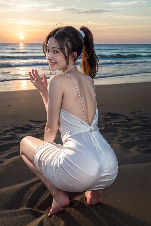 masutepiece, Best Quality, 23years old,Ultra-detailed, finely detail, hight resolution, 8K Wallpaper, Perfect dynamic composition, Natural Color Lip,(Wearing a long white dress:1.5),(Ponytail:1.3),drawn action: (Girl is squatting,barefoot on the sand:1.3),I want to convey the lonely atmosphere,(Silk Red Dress:1.4)20 years girl,(Full body:1.3),Shot from behind,Enjoy the sunset,NSFW,raised his hands to his head,Looking back and smiling,
