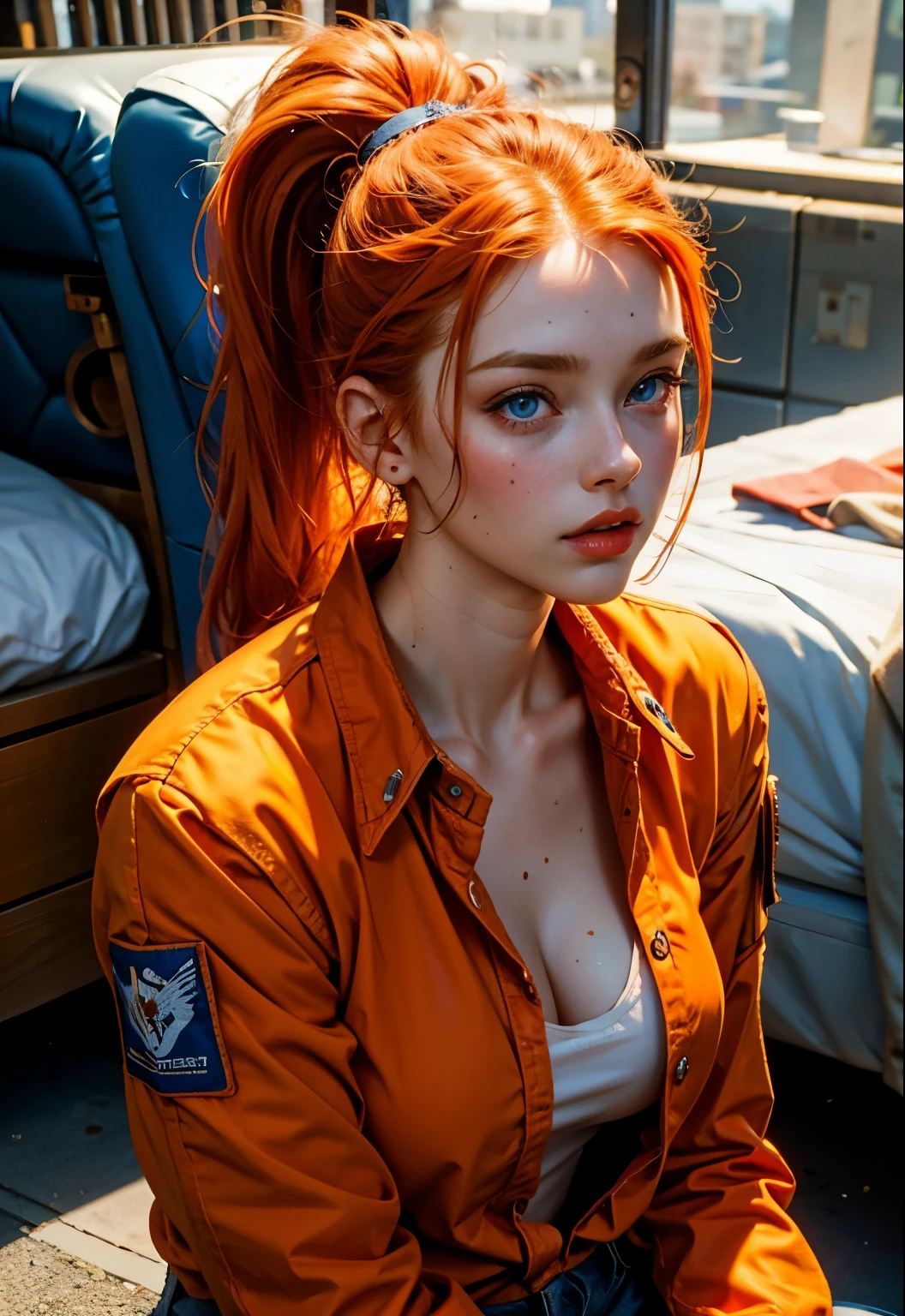 beautiful redhead, blue eyes, orange clothes, ponytail, American, 19 years old, Gorgeous woman, prisoner, Flashing, sexy, orange clothes,