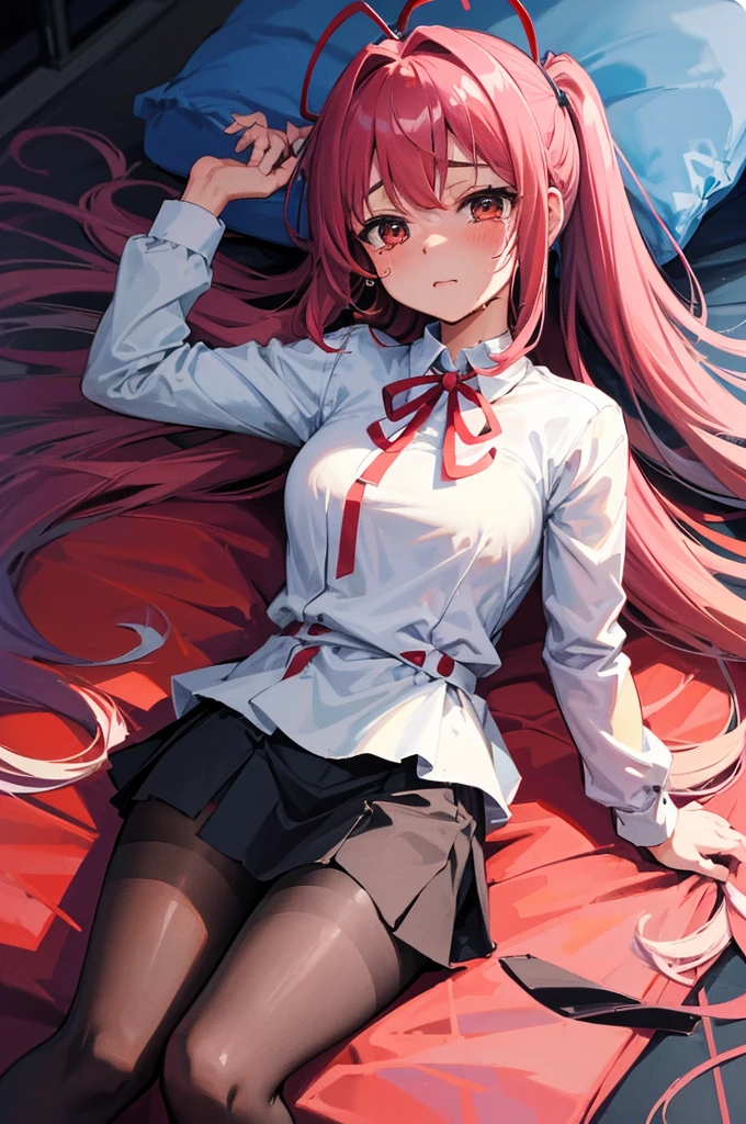((Best quality at best)), ((tmasterpiece)), (Detailed pubic hair), s the perfect face((Best quality at best))Looking down at the group，spread thighpose the bottom of your skirt to the audience，Clothes were taken off，((Best quality at best)), ((tmasterpiece)), (Detailed pubic hair), s the perfect face，white colors的头发，High ponytail，Anime shoujo，Lie down in bed，The face is red，Showing the bottom of your skirt to the audience，Drooling from the mouth，streaming tears，裙底流出white colors液体，Lie down in bed，Be red in the face，Drooling from mouth，streaming tears，Hands are tied，bare-legged，，white colors，Legs wearing torn black stockings